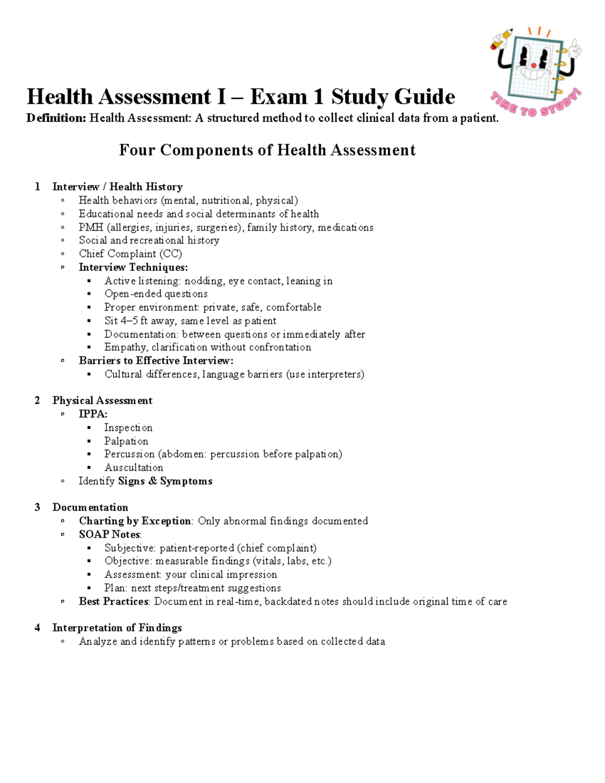 Health Assessment I Exam 1 Study Guide: Key Concepts & Techniques - Studocu