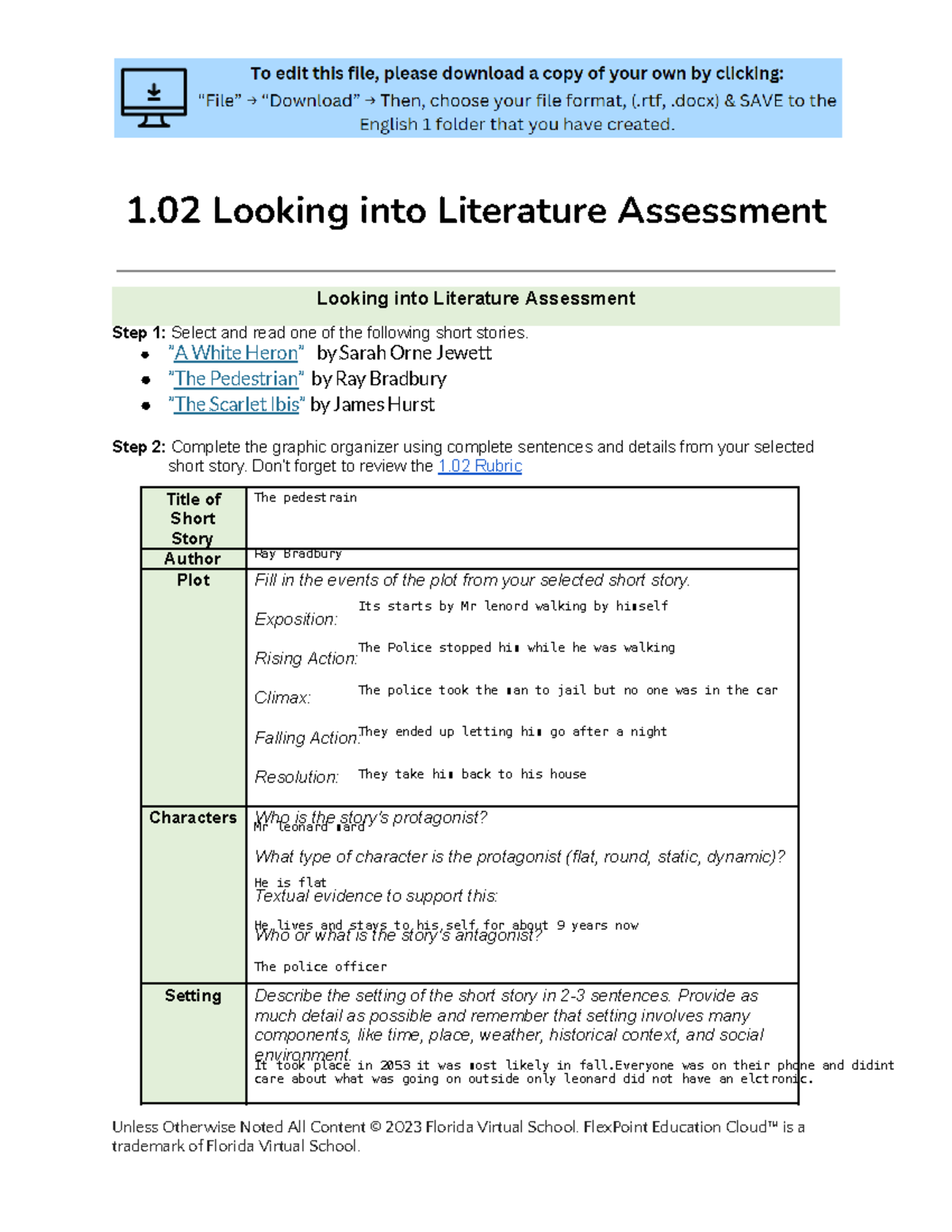1.02 Literature Assessment: Analyzing Short Stories and Their Elements ...