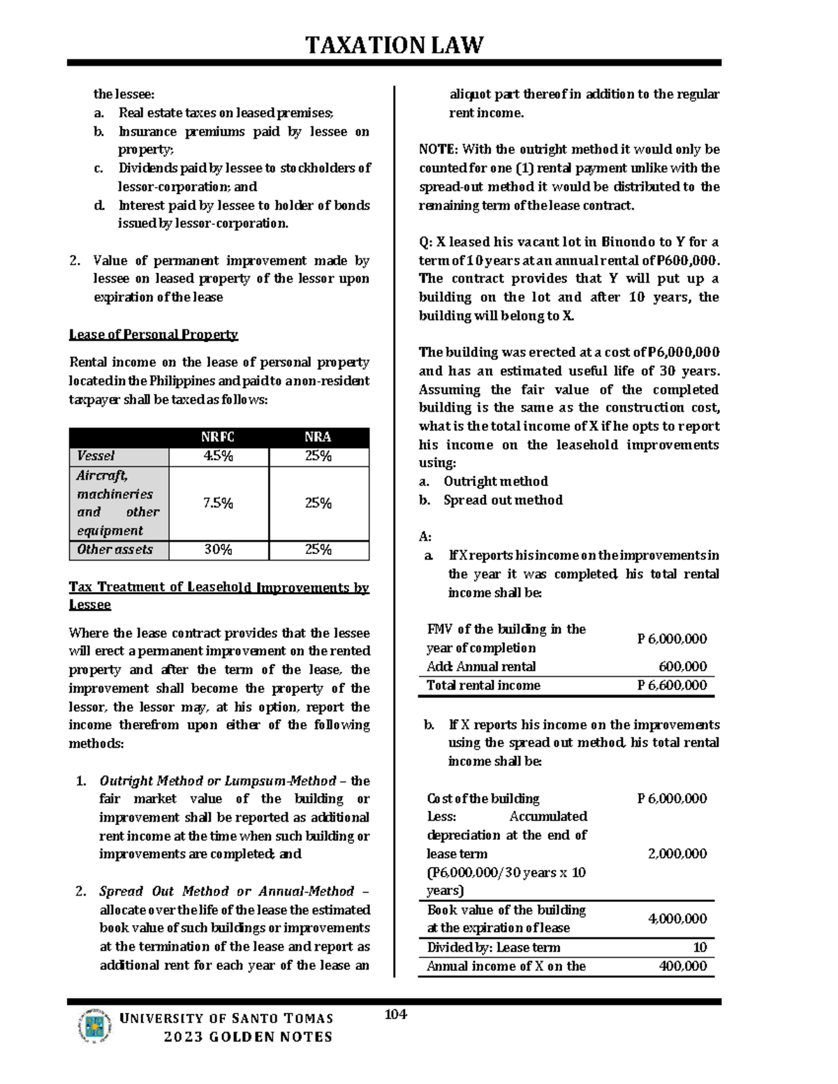 TAXATION LAW 2: Comprehensive Notes on Leasehold Improvements and ...