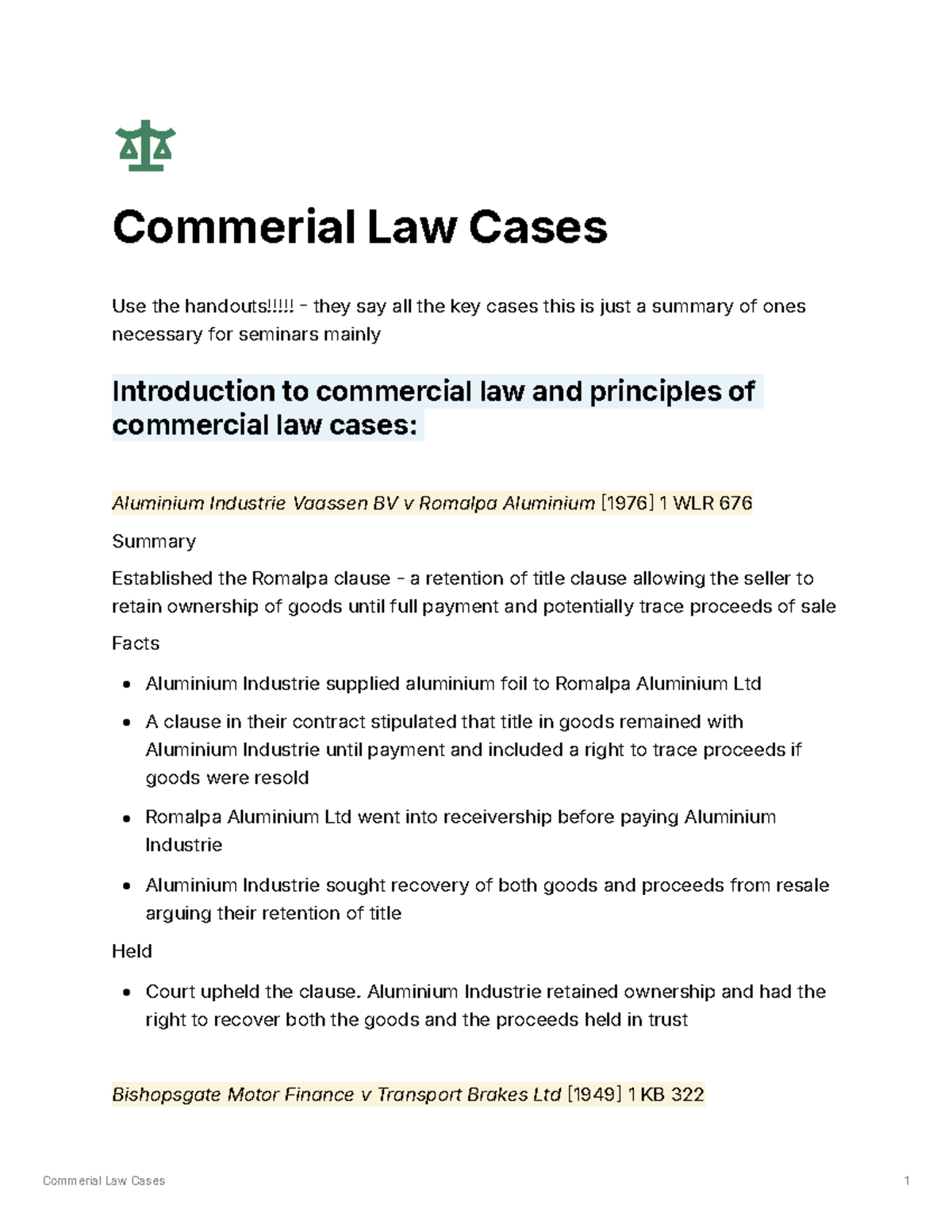 Commercial Law Cases Summary for Seminars (CL101) - Studocu