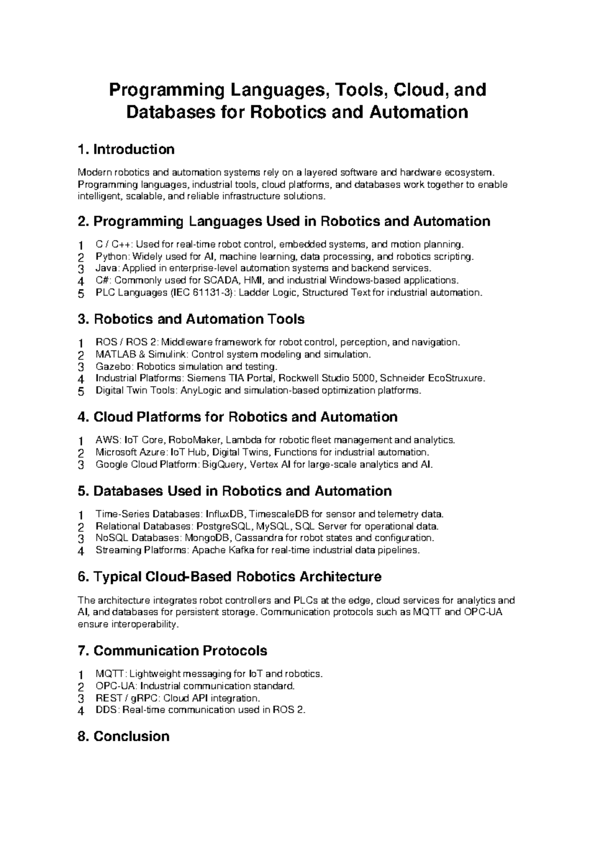 Robotics Automation: Programming, Cloud, and Database Overview - Studocu