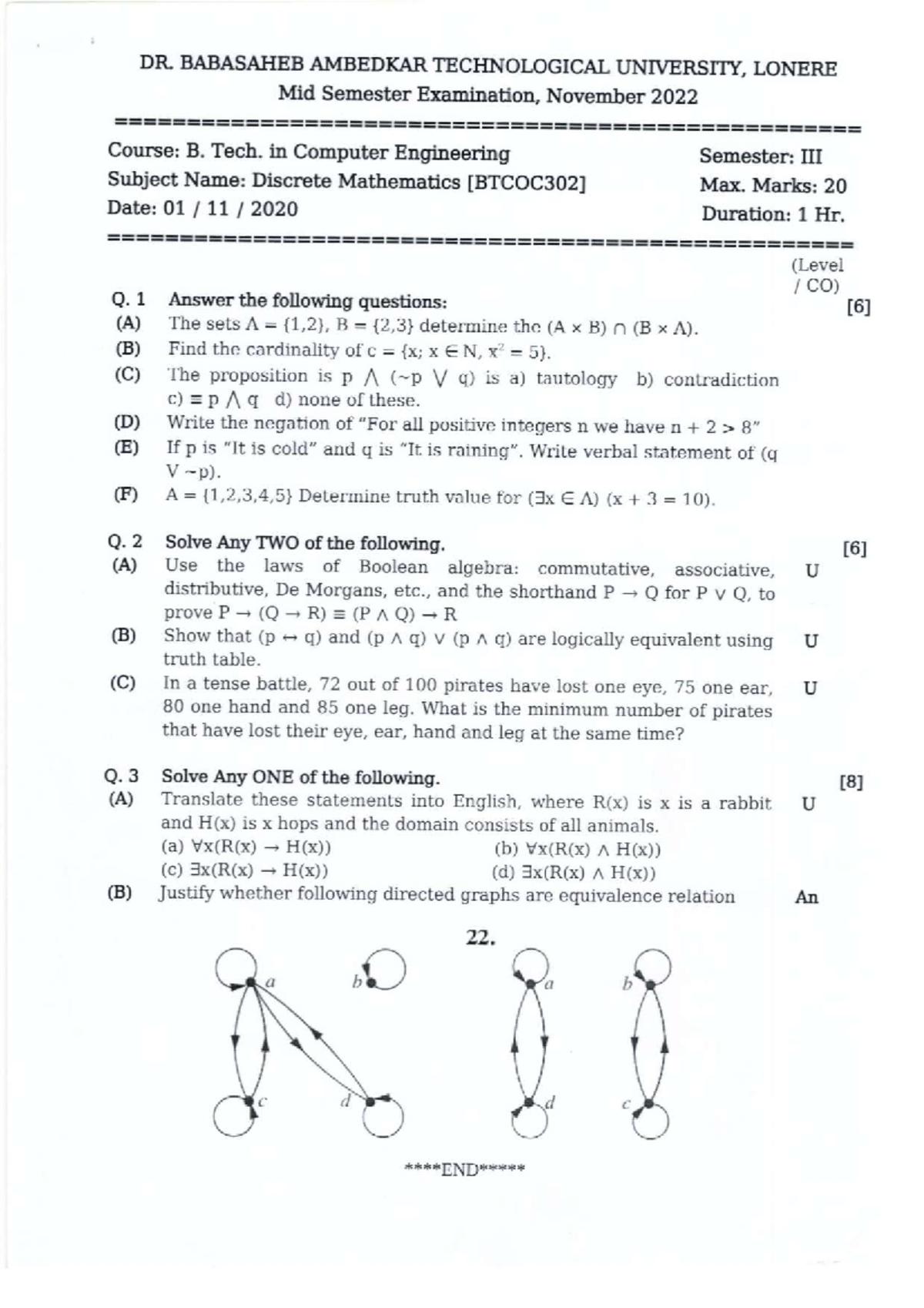 B. Tech. Discrete Mathematics Mid Sem Exam QP - Nov 2022 (BTCoc 302 ...