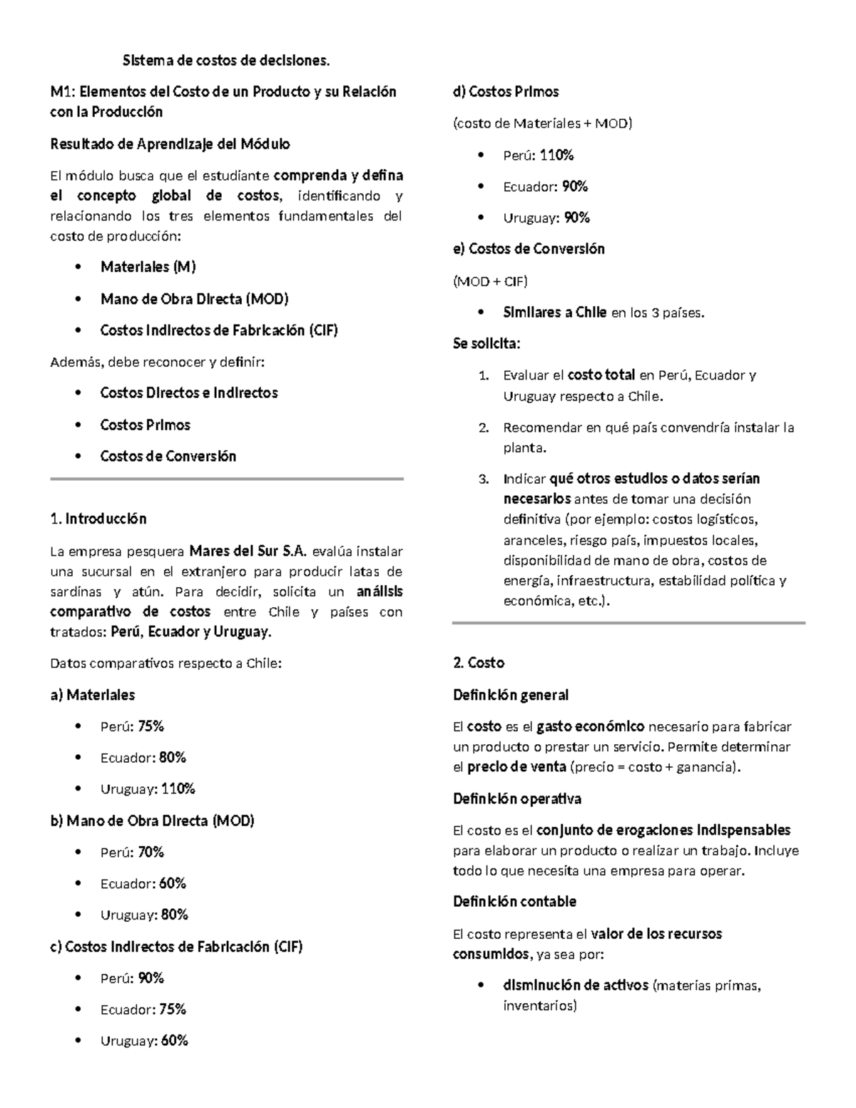 Sistema de Costos y Decisiones: Resumen M1 - Elementos del Costo - Studocu