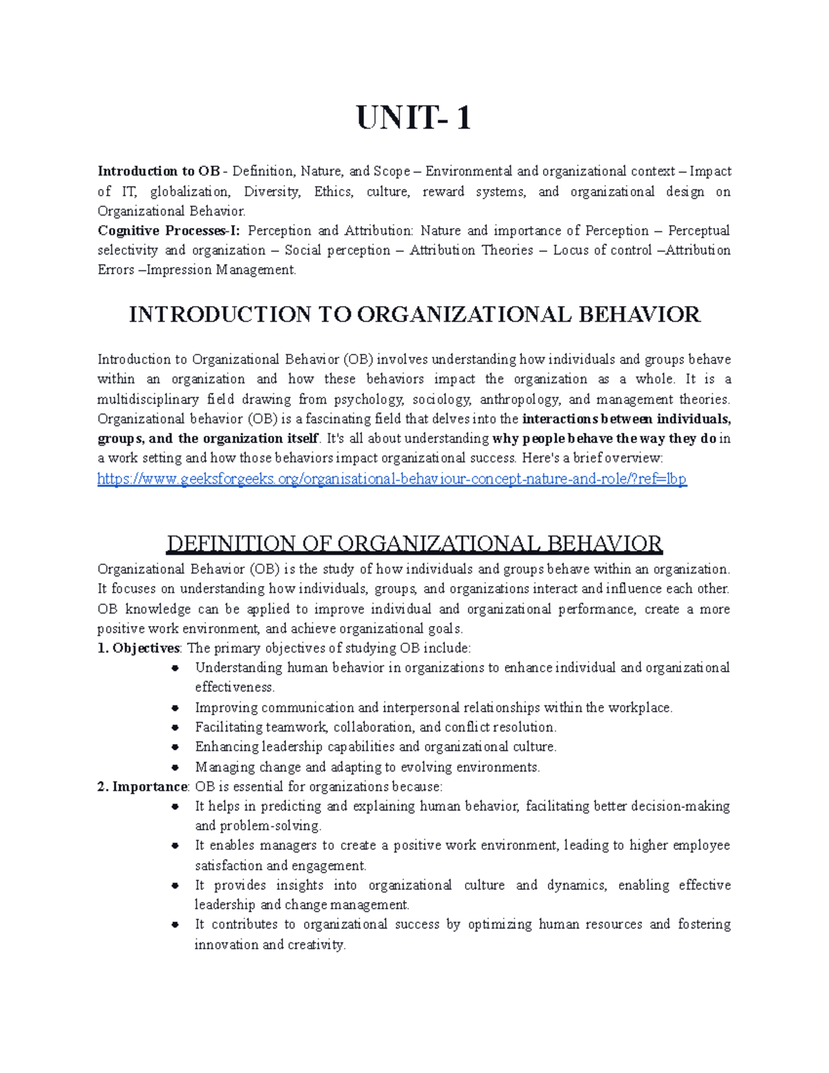 Unit 1 OB: Introduction to Organizational Behavior Concepts and ...