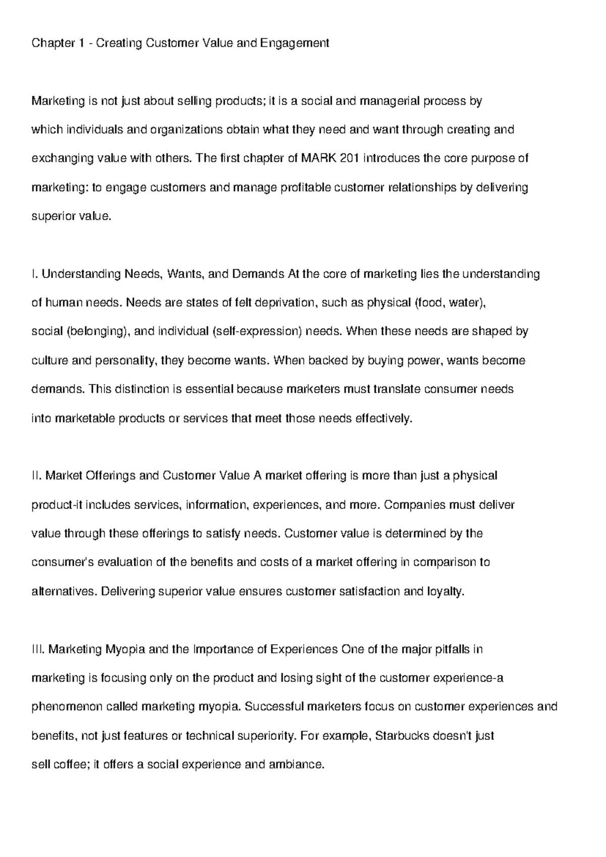 MARK 201 - Chapter 1 Notes: Creating Customer Value & Engagement - Studocu