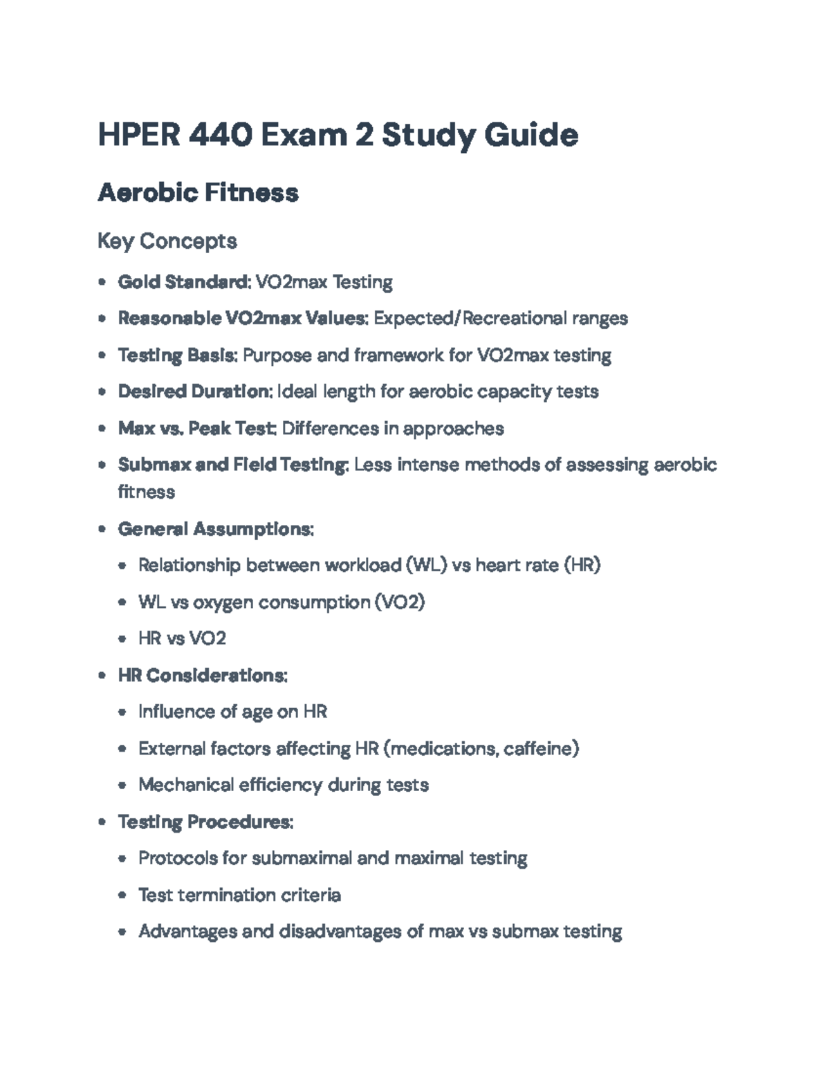 HPER 440 Exam 2 Study Guide: Key Concepts in Aerobic & Muscular Fitness ...