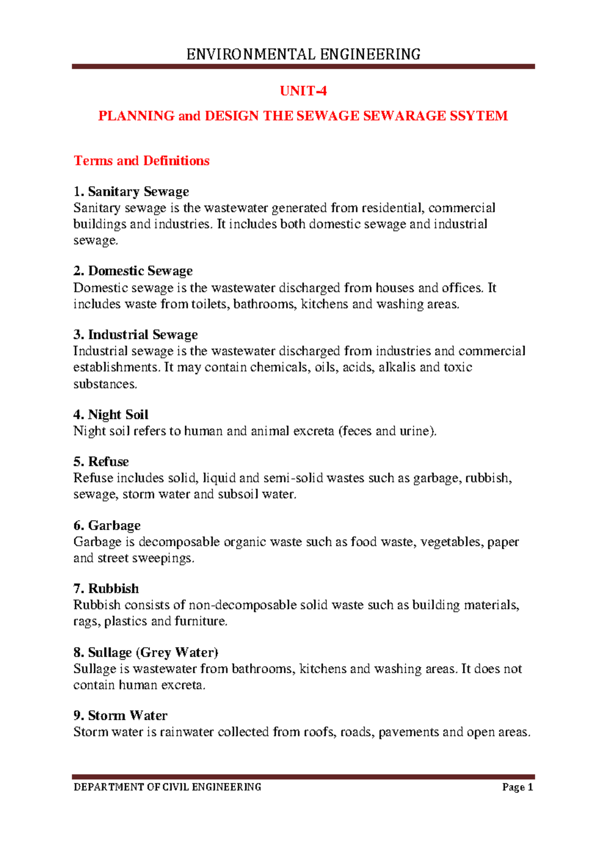 ENVIRONMENTAL ENGINEERING (CE 301) - Sewage System Terms & Definitions ...