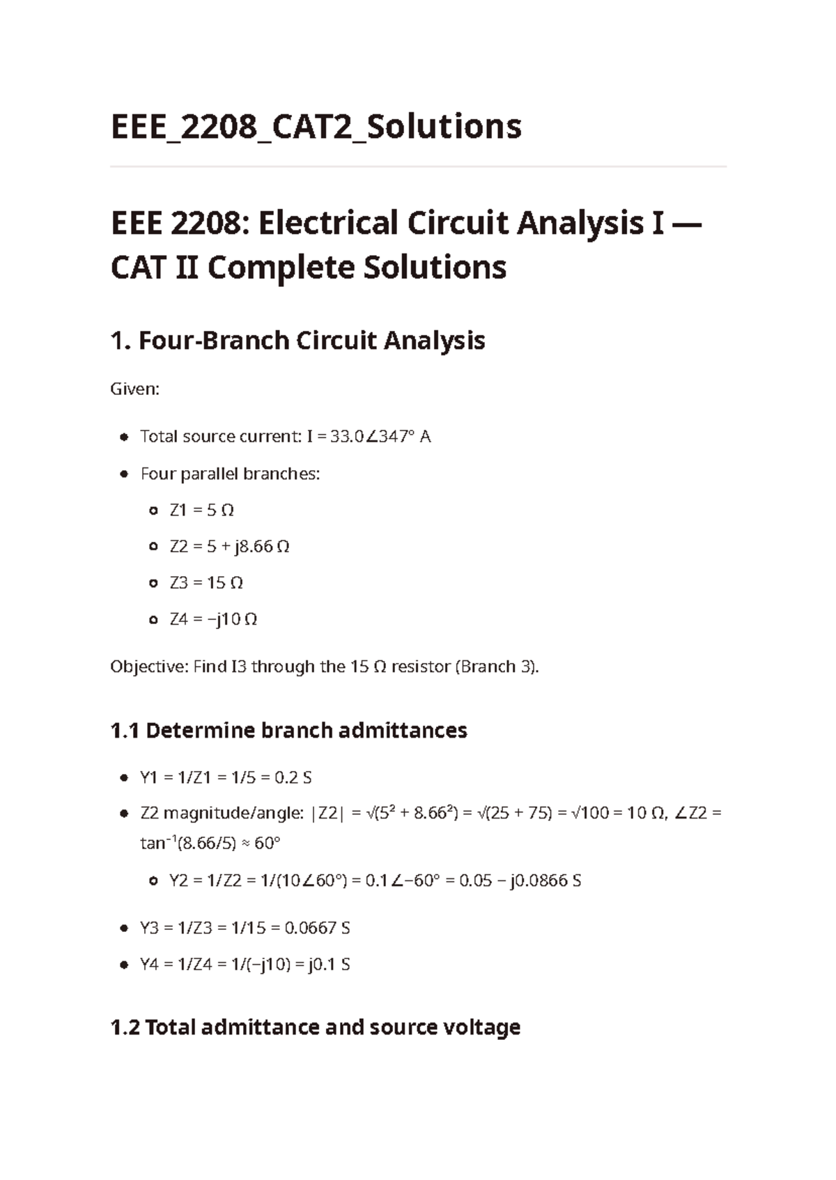 EEE 2208: Electrical Circuit Analysis I CAT II Complete Solutions - Studocu