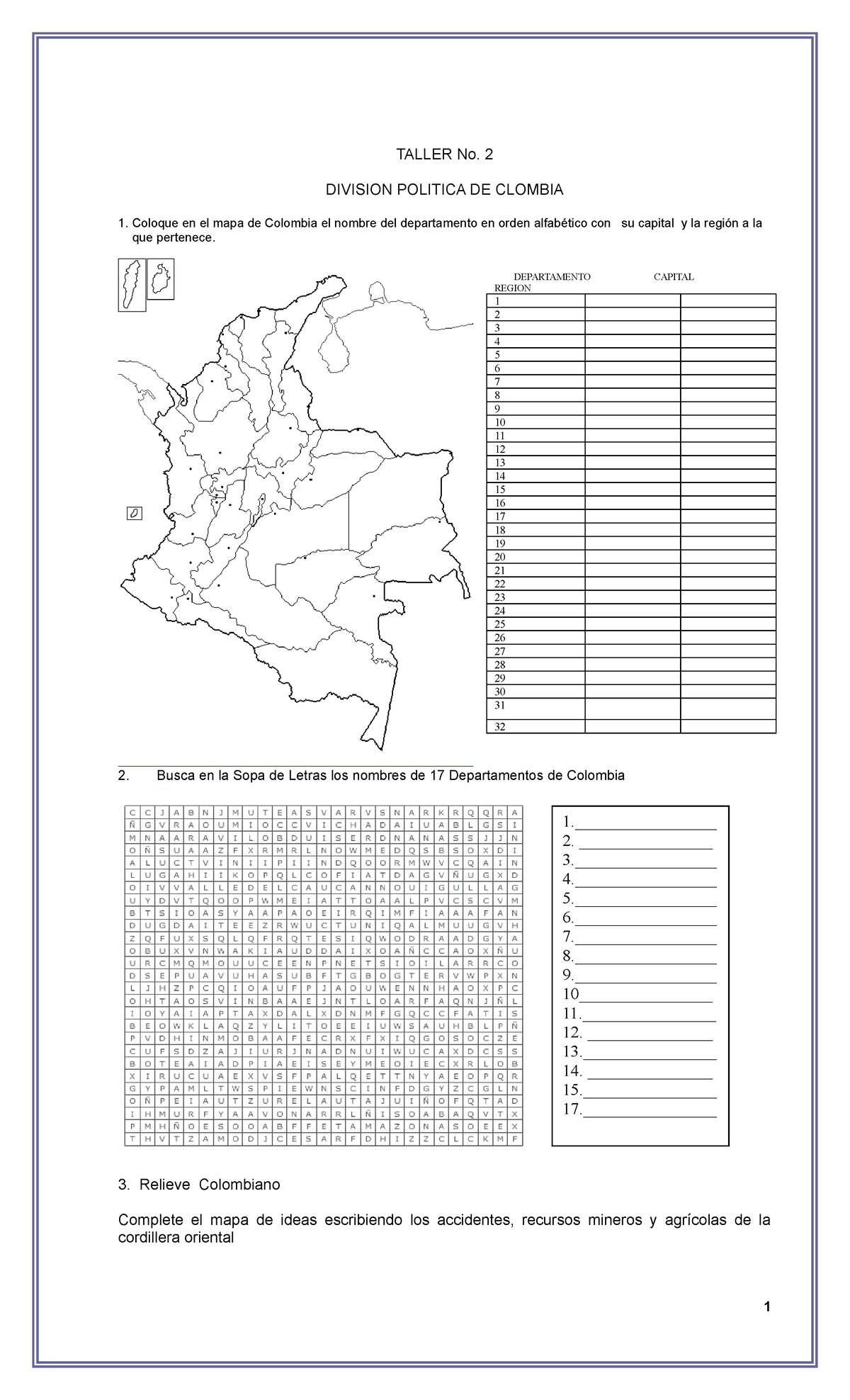 Guía No. 2 - Taller sobre la División Política de Colombia - Document Preview