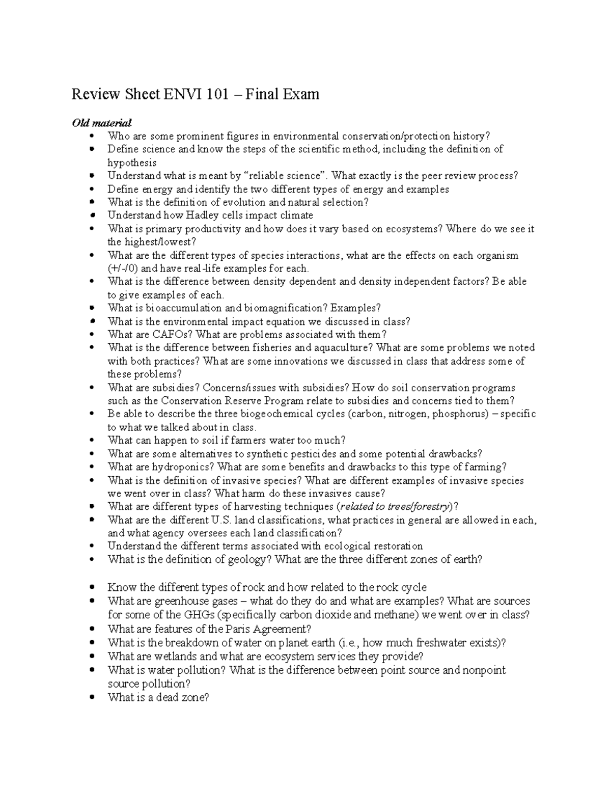 Final Exam Review Sheet ENVI 101: Key Concepts & Topics - Studocu