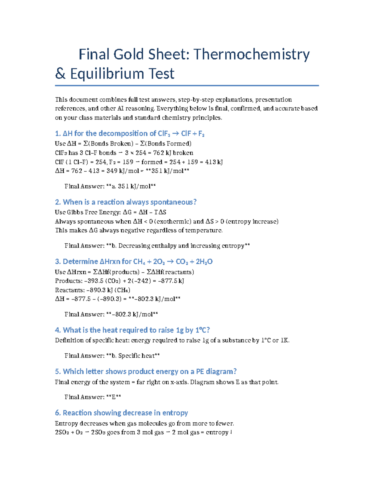 Final Exam Gold Sheet: Thermochemistry Equilibrium Test - Studocu