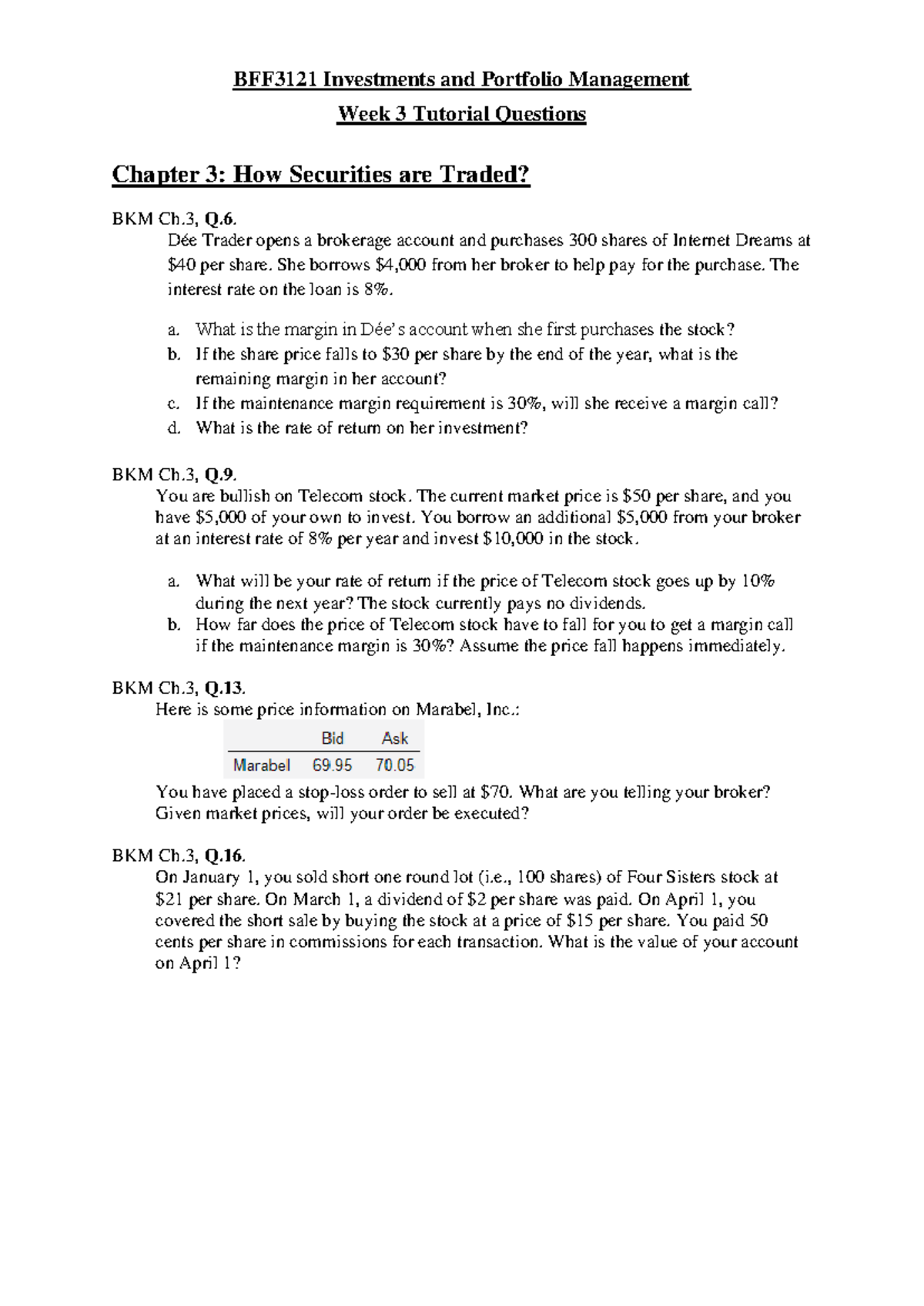 BFF3121 Investments & Portfolio Mgmt Week 3 Tutorial Questions - Studocu