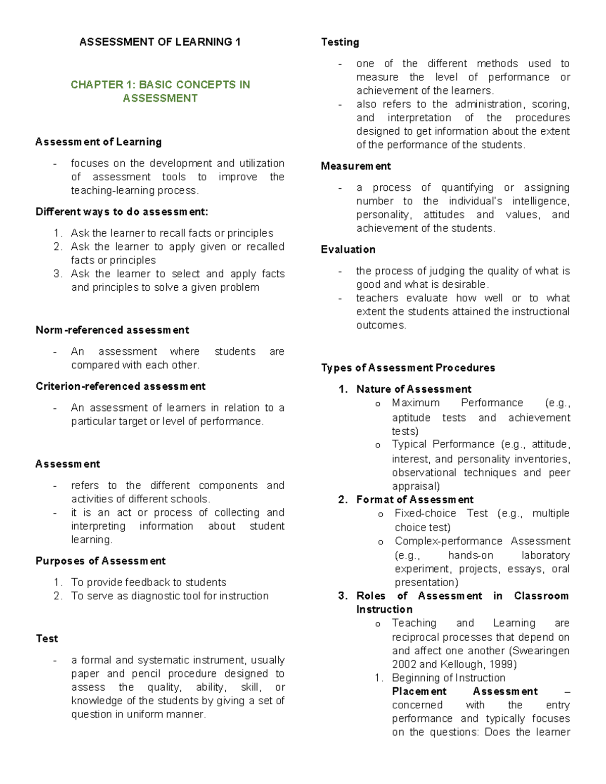 Assessment of Learning 1: Comprehensive Study Notes and Review - Studocu