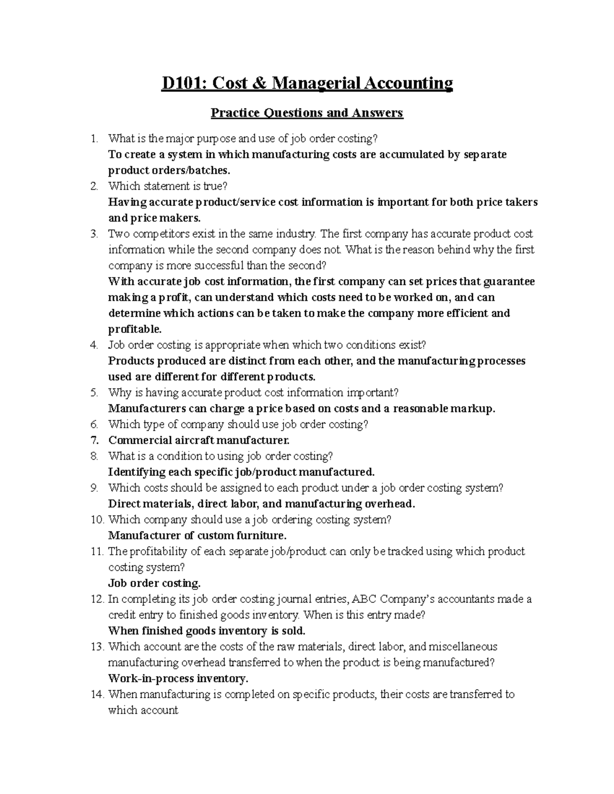 D101: Managerial Accounting Practice Questions and Answers - Studocu