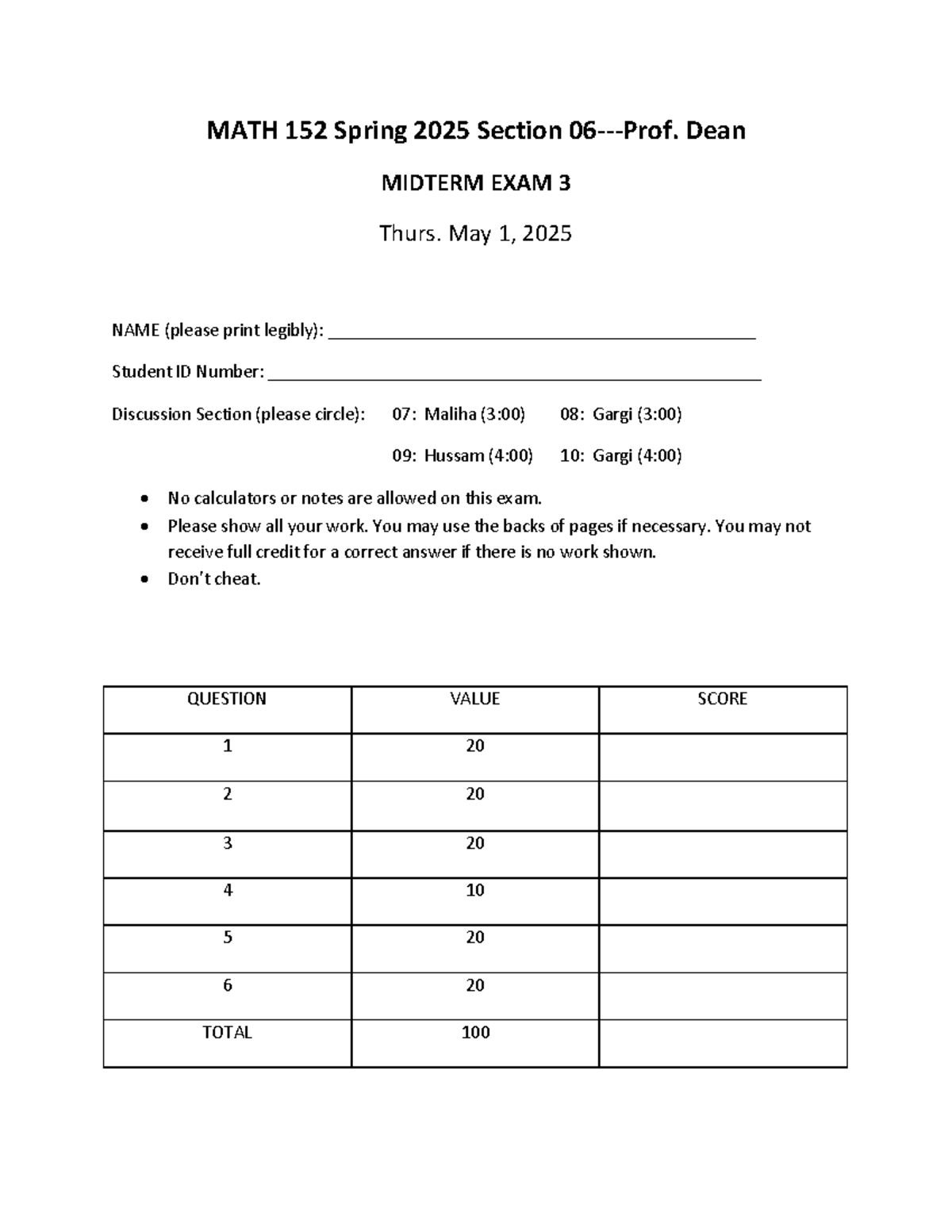 MATH 152 Spring 2025 MIDTERM EXAM 3 Practice Questions - Studocu