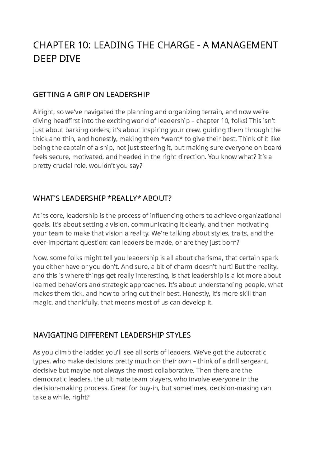 Principles of Management CH10: Leadership Styles and Strategies - Studocu