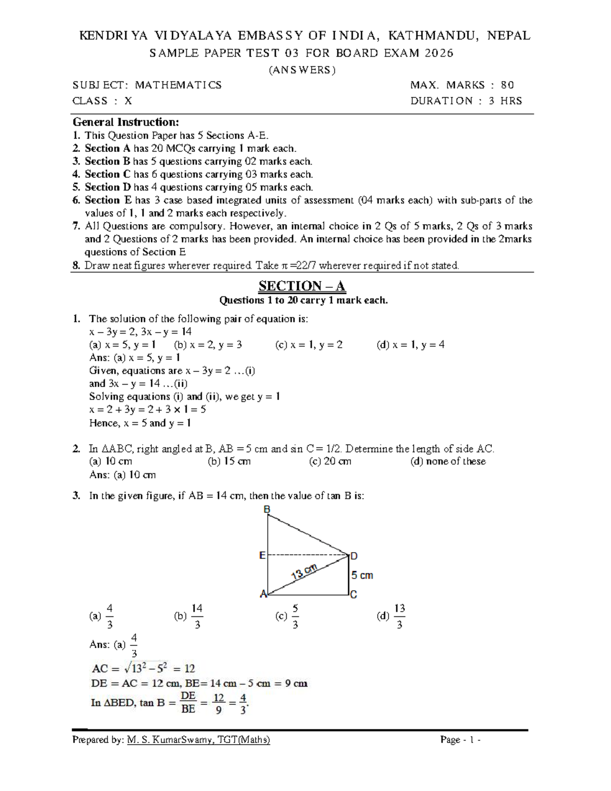 Maths Class X Sample Paper Test 03 for Board Exam 2026 (Answers) - Studocu