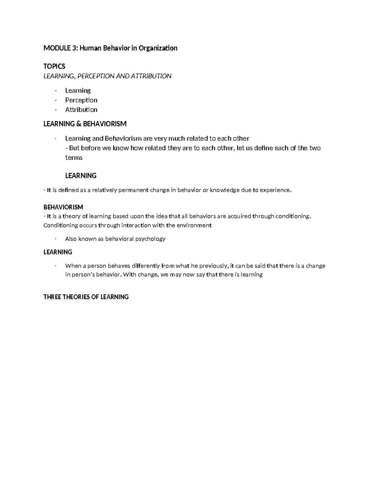 HBO Module 3: Learning, Perception & Attribution Concepts - Studocu