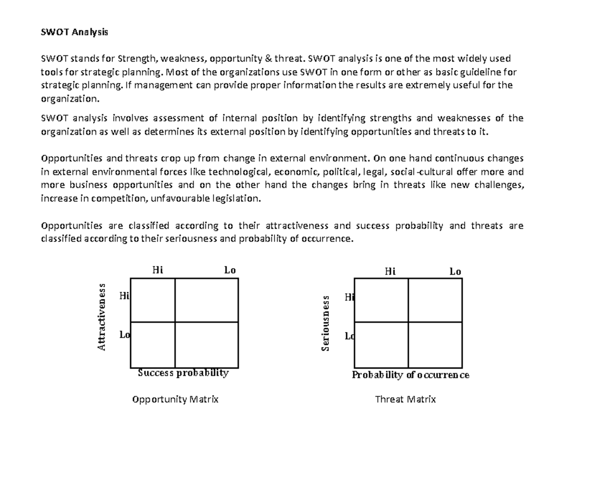 SWOT - Notes on SWOT analysis - SWOT Analysis SWOT stands for Strength ...