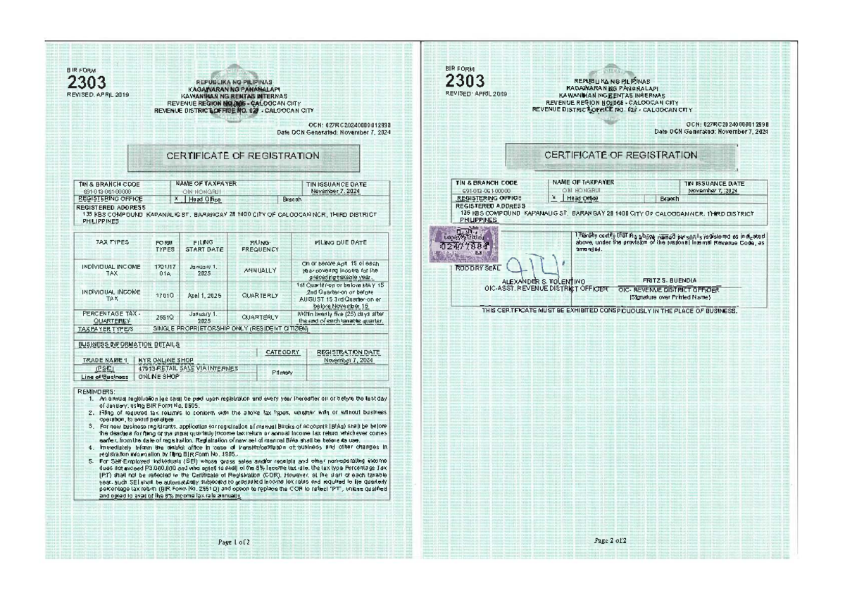 BIR Form 2303 Registration Certificate - Revised April 2019 - Studocu