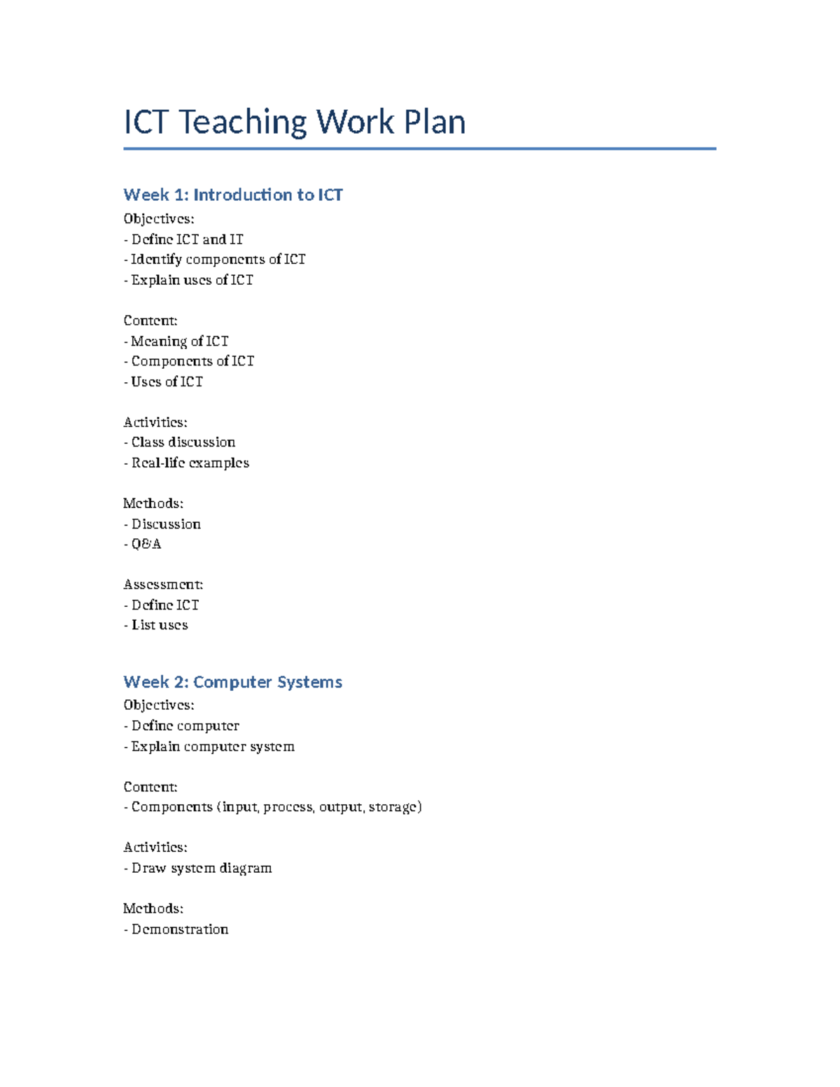 ICT Teaching Work Plan: Week-by-Week Overview and Objectives - Studocu
