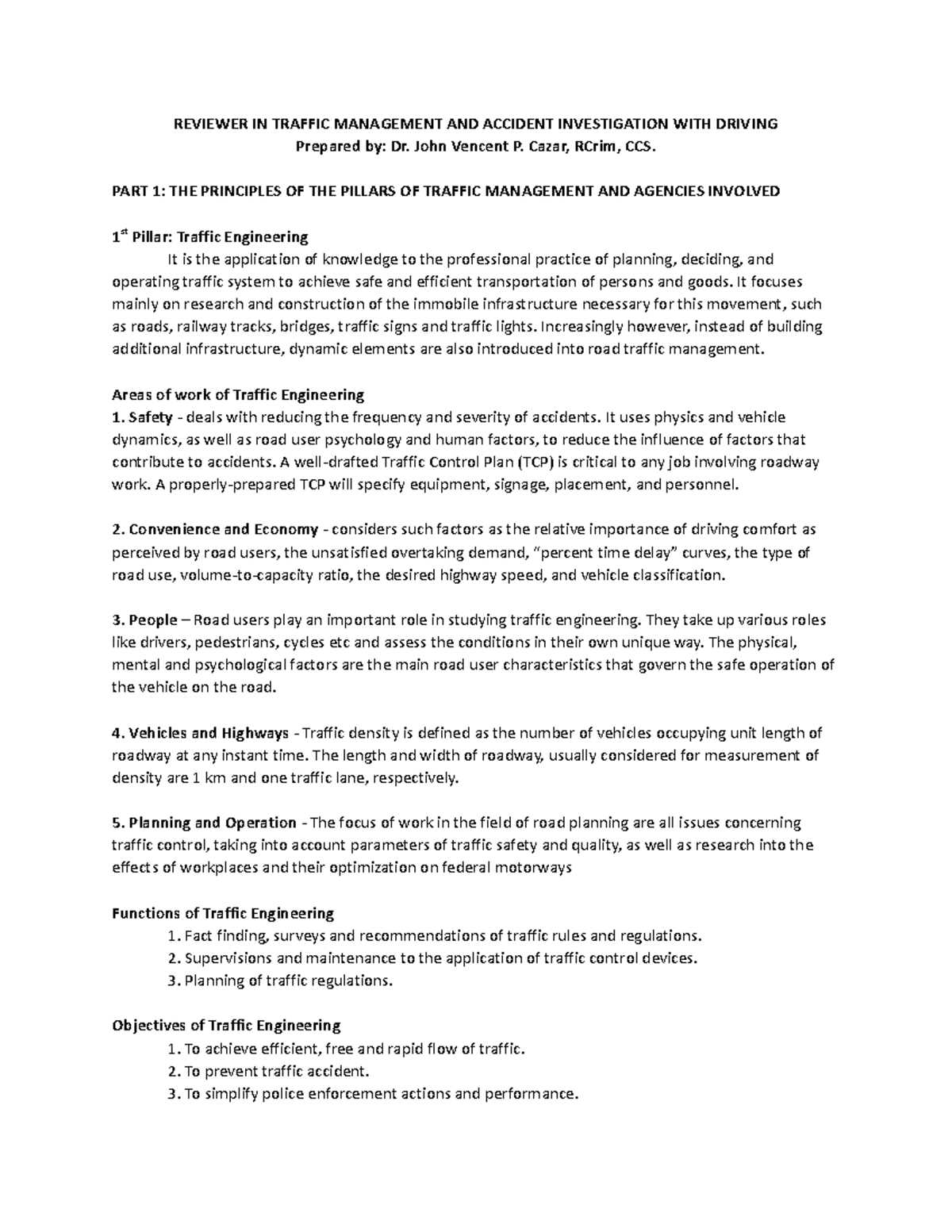 Traffic Management & Accident Investigation Reviewer (CIVIL 101) - Studocu