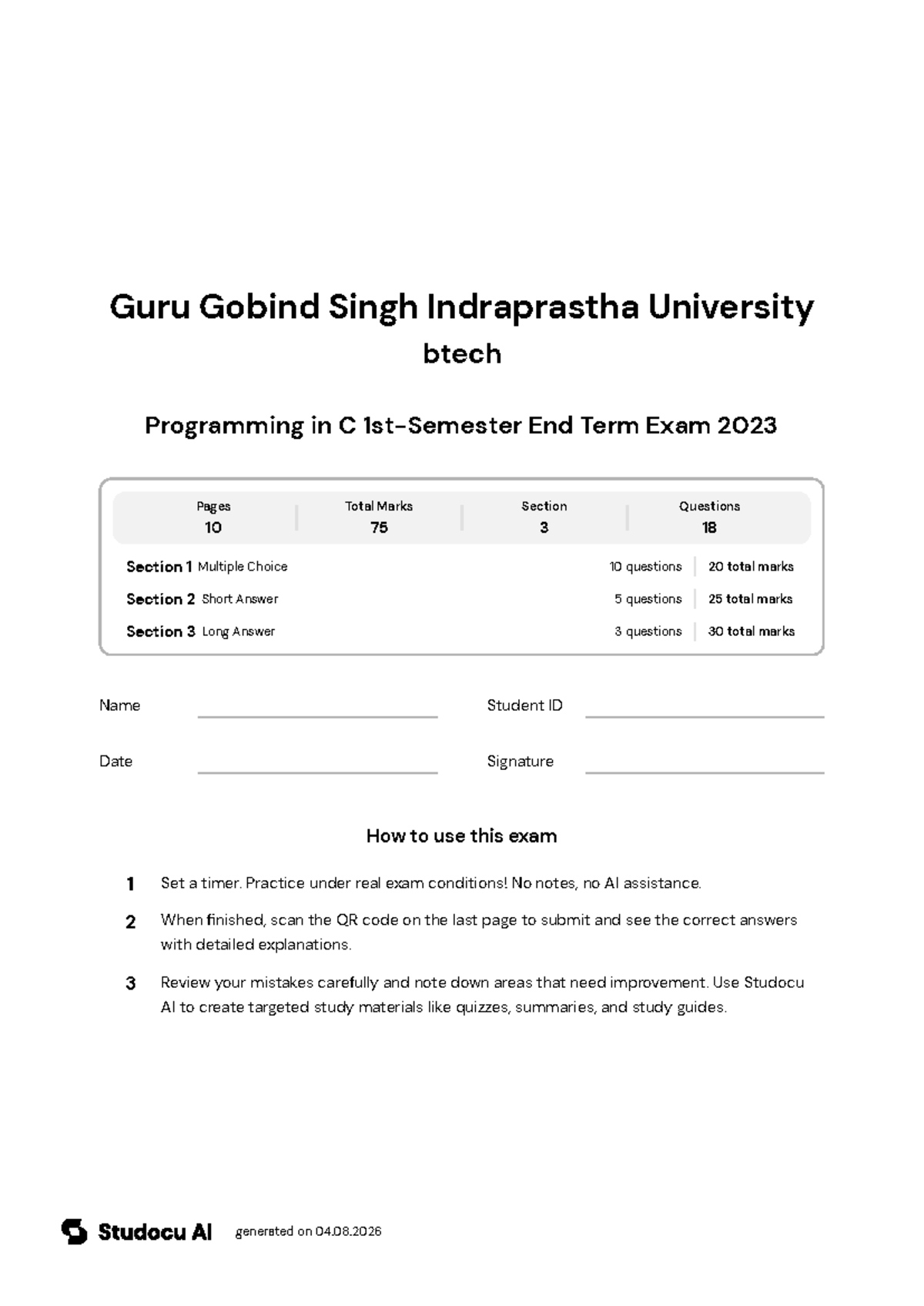 C Programming 1st Sem End Term Exam 2023 - Studocu