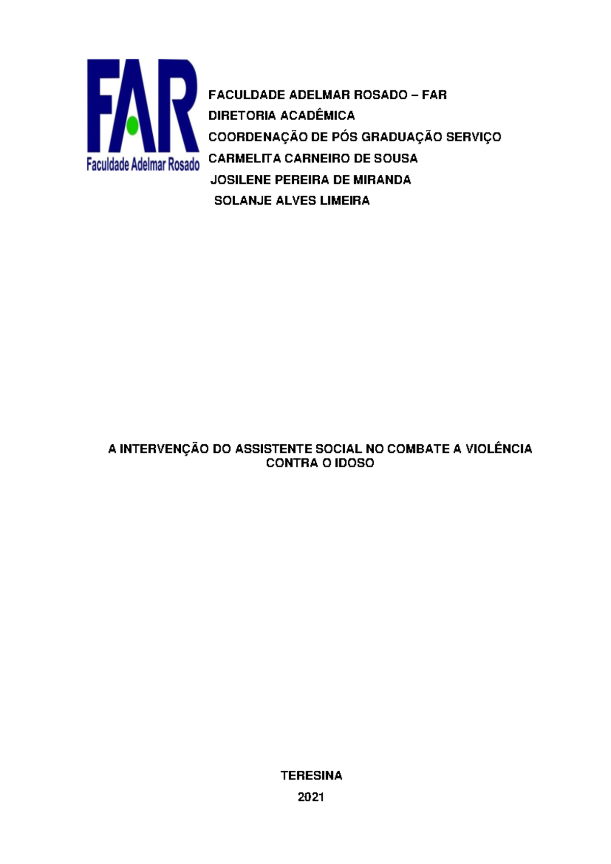 TCC DE SERVIÇO SOCIAL 2021 -FAR - FACULDADE ADELMAR ROSADO – FAR ...