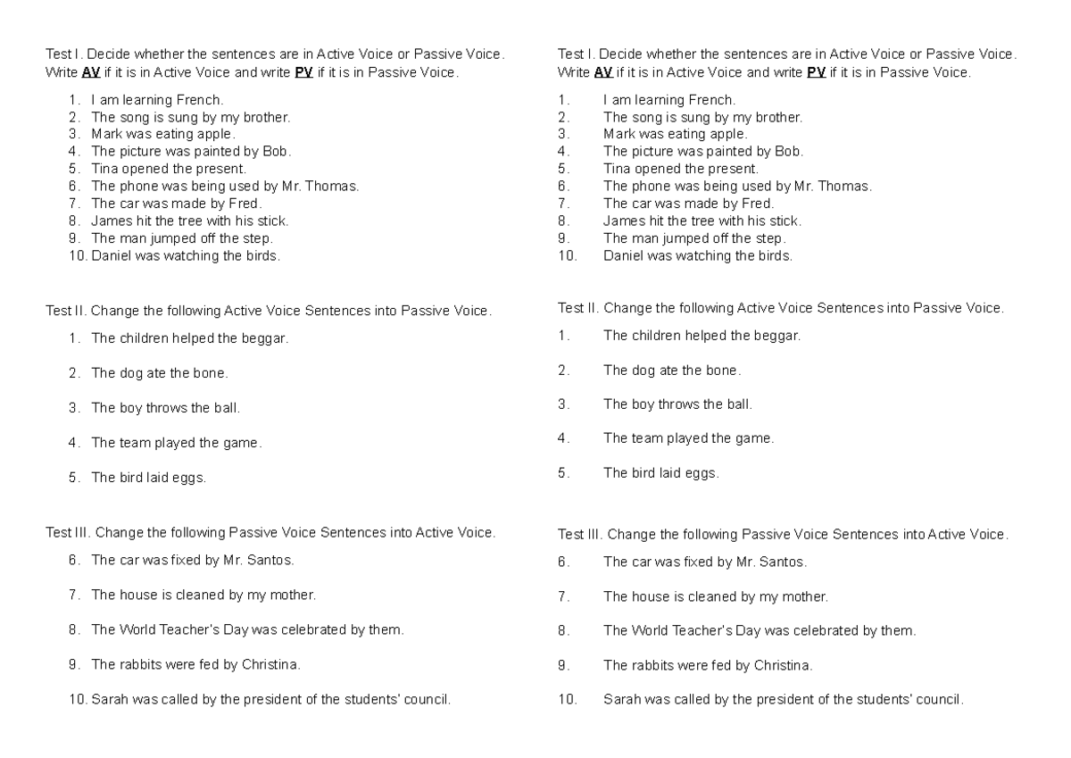 Active and Passive Voice Quiz: Test I, II, and III - Studocu
