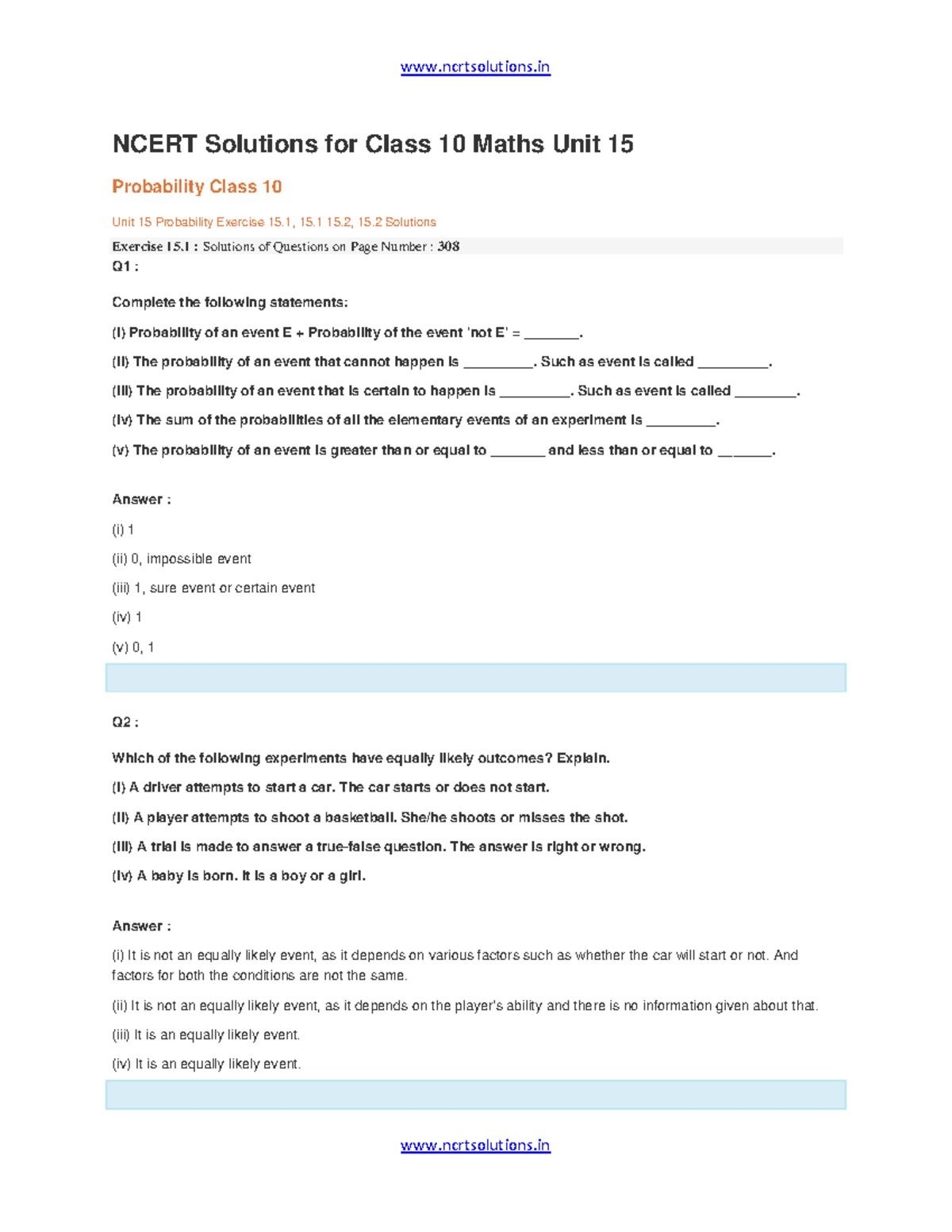 Chapter 15: Probability Solutions for Class 10 Maths NCERT - Studocu