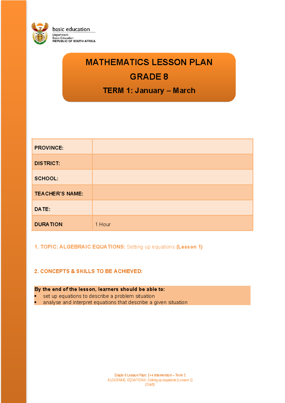Grade 8 Term 1 Algebraic Equations Lesson Plan 1: Setting Up Equations ...