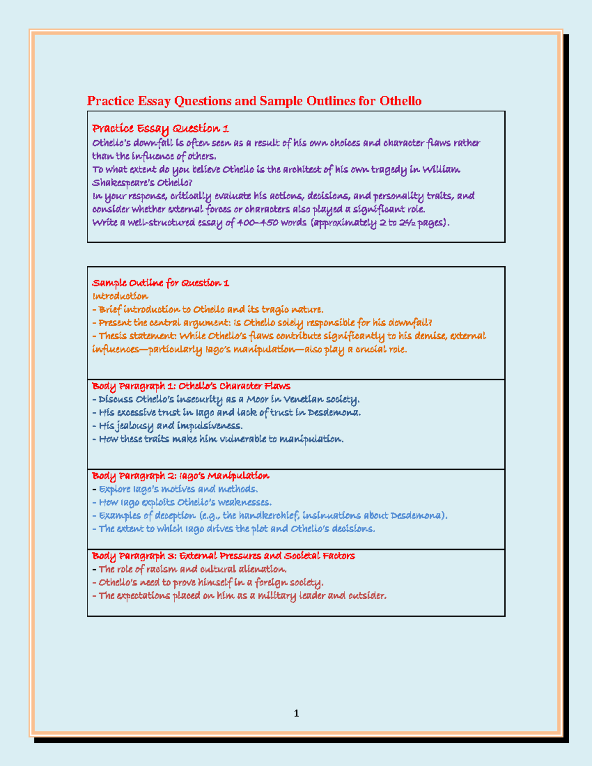 Othello Essay Practice Questions & Outlines (ENG 101) - Studocu