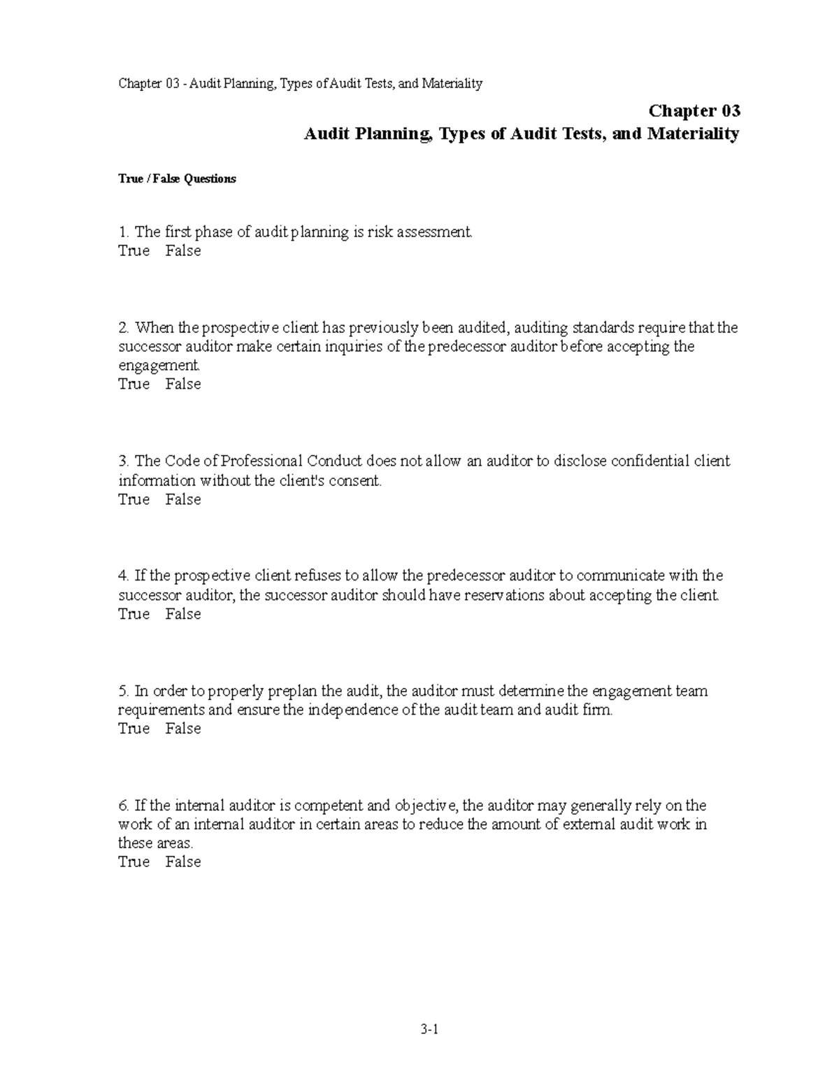 Chapter 03: Audit Planning & Test Types - True/False Questions (Audit ...