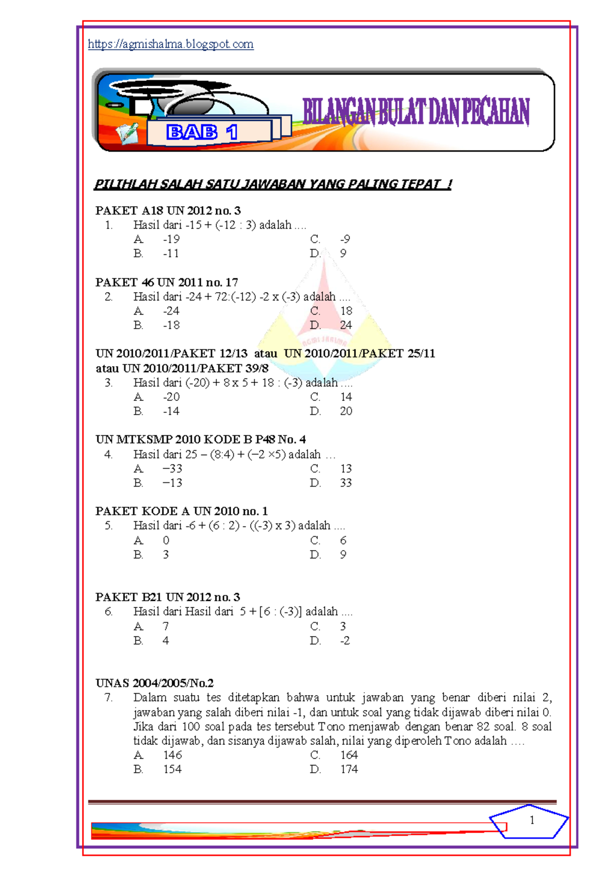 Paket Soal UN 2012-2019: Bilangan Bulat dan Pecahan (Nomor 1-73) - Studocu