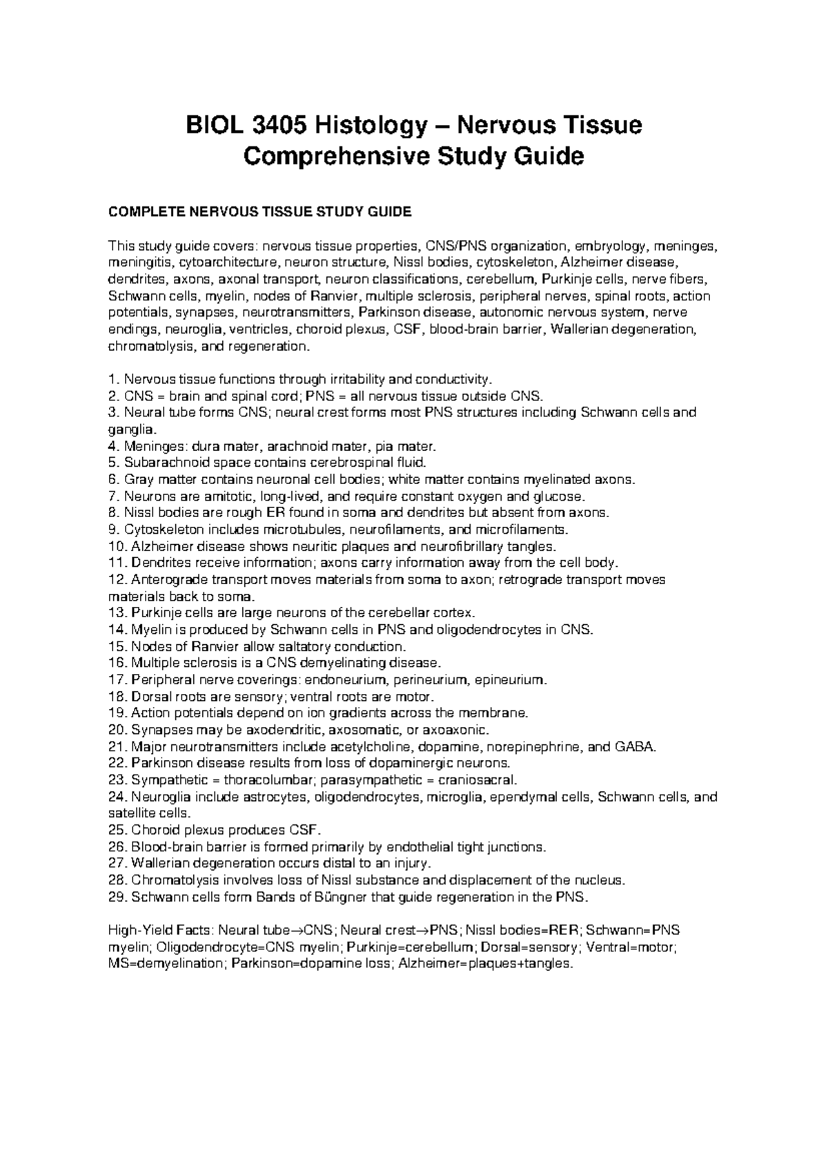 BIOL 3405 Histology – Nervous Tissue Study Guide - Studocu