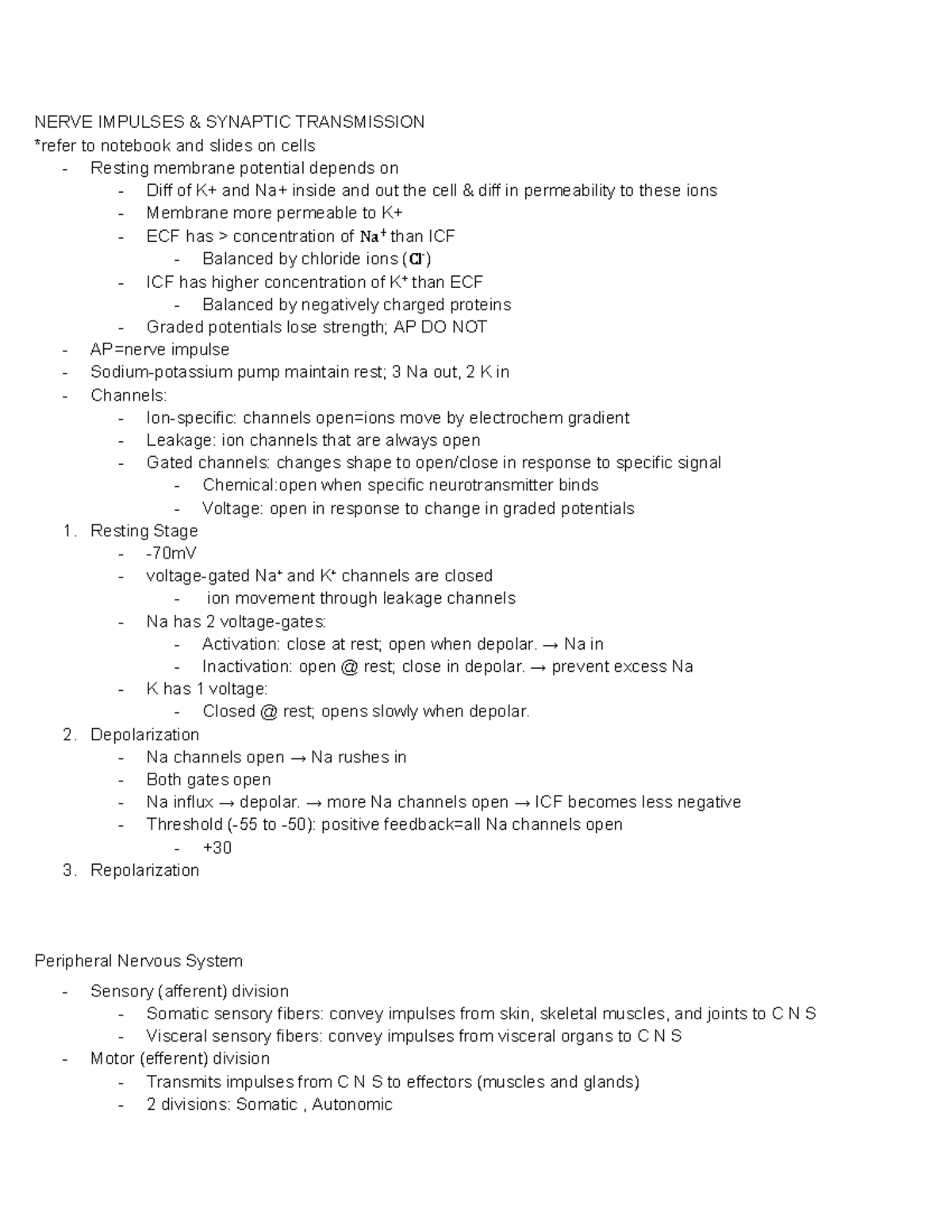 ANP final notes on nerve impulses and synaptic transmission - Studocu