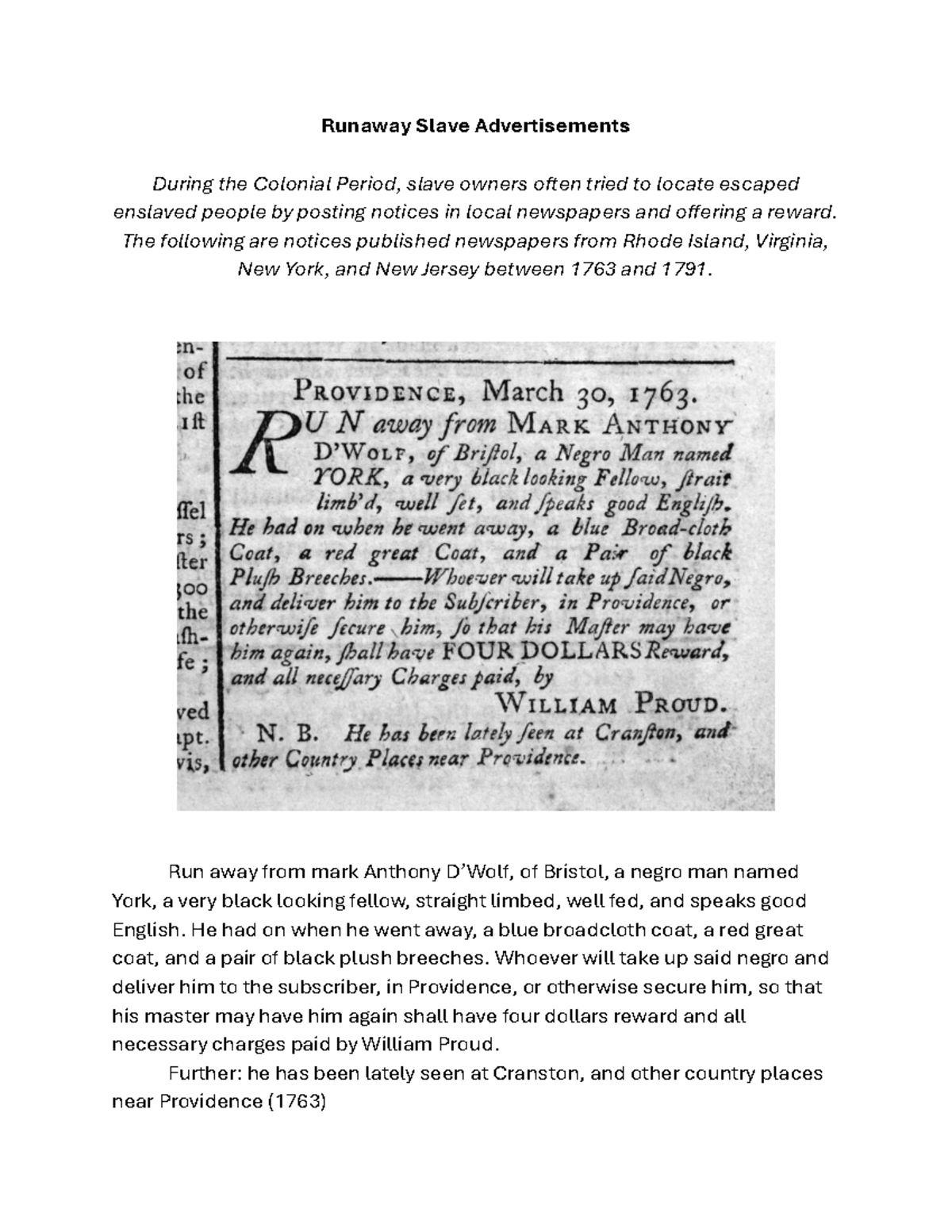 Runaway Slave Advertisements (1763-1791): Colonial Notices - Studocu