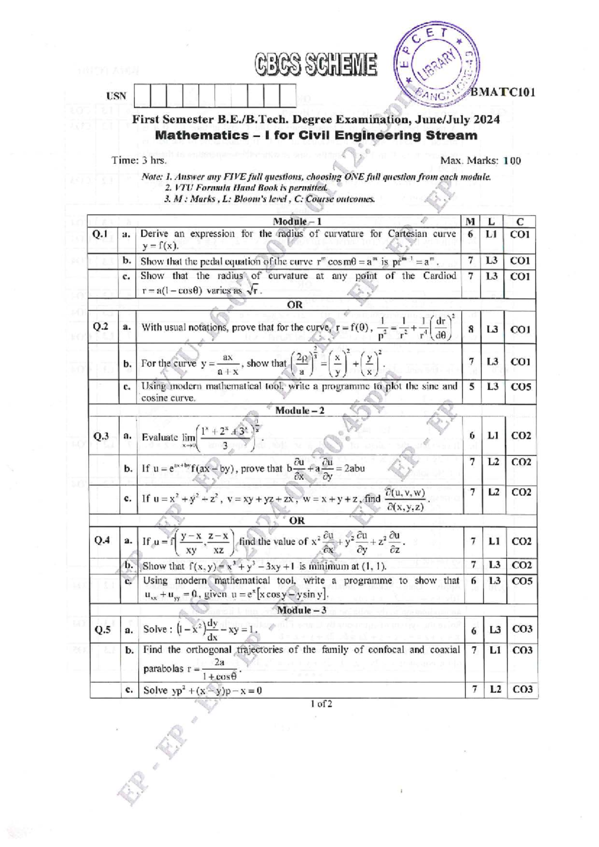 BMATC101 Final Exam Mathematics I for Civil Engineering, June 2024 ...