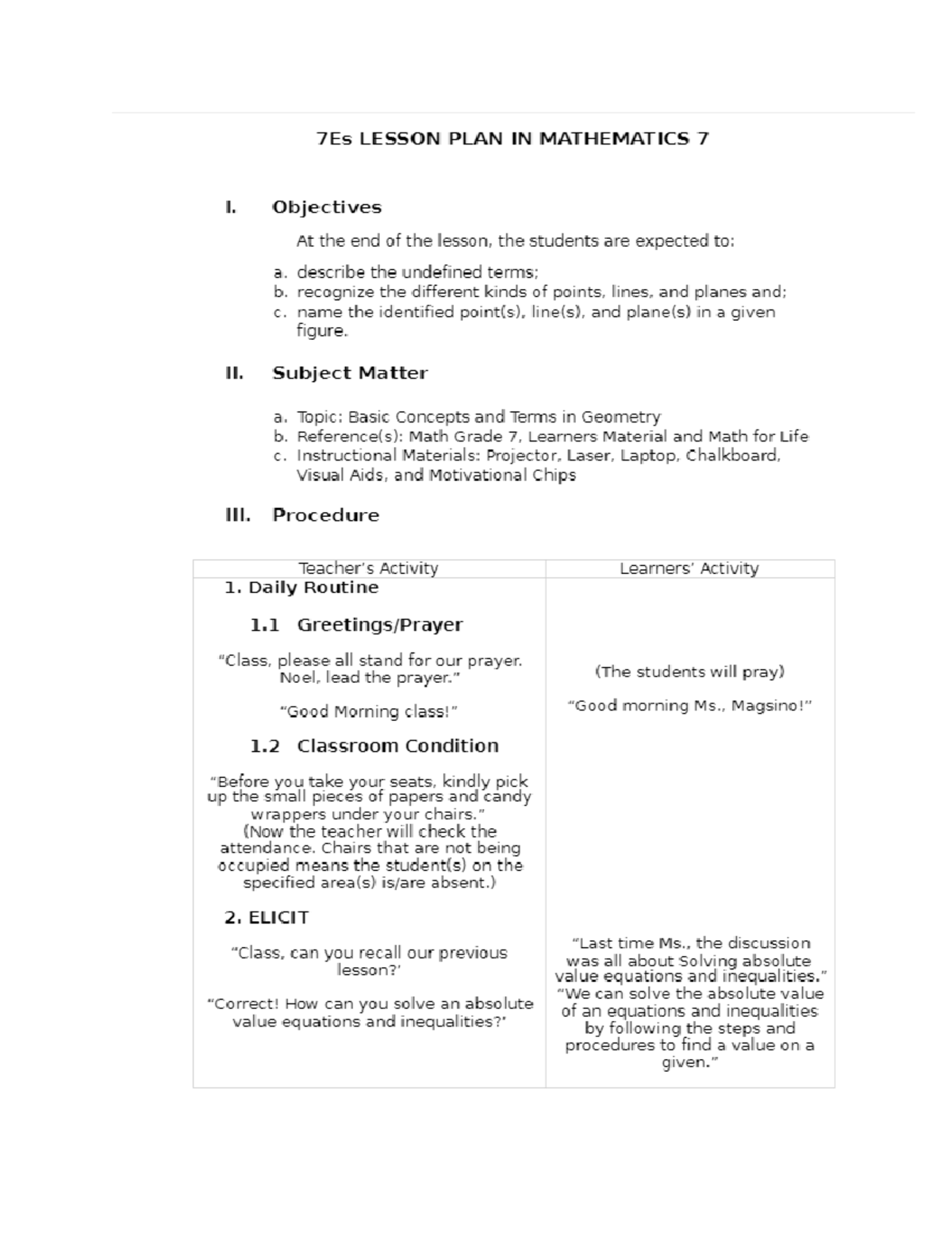 7E's Geometry Lesson Plan for Grade 7 Mathematics - Studocu
