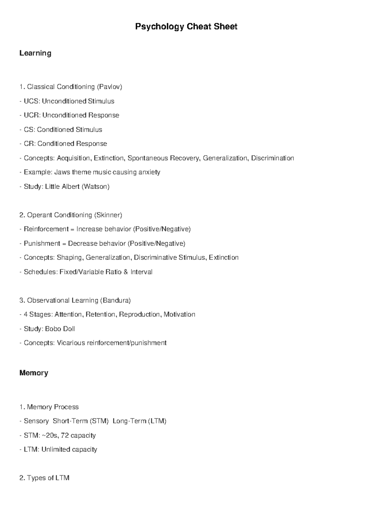 Psychology Cheat Sheet - Psychology Cheat Sheet Learning Classical ...