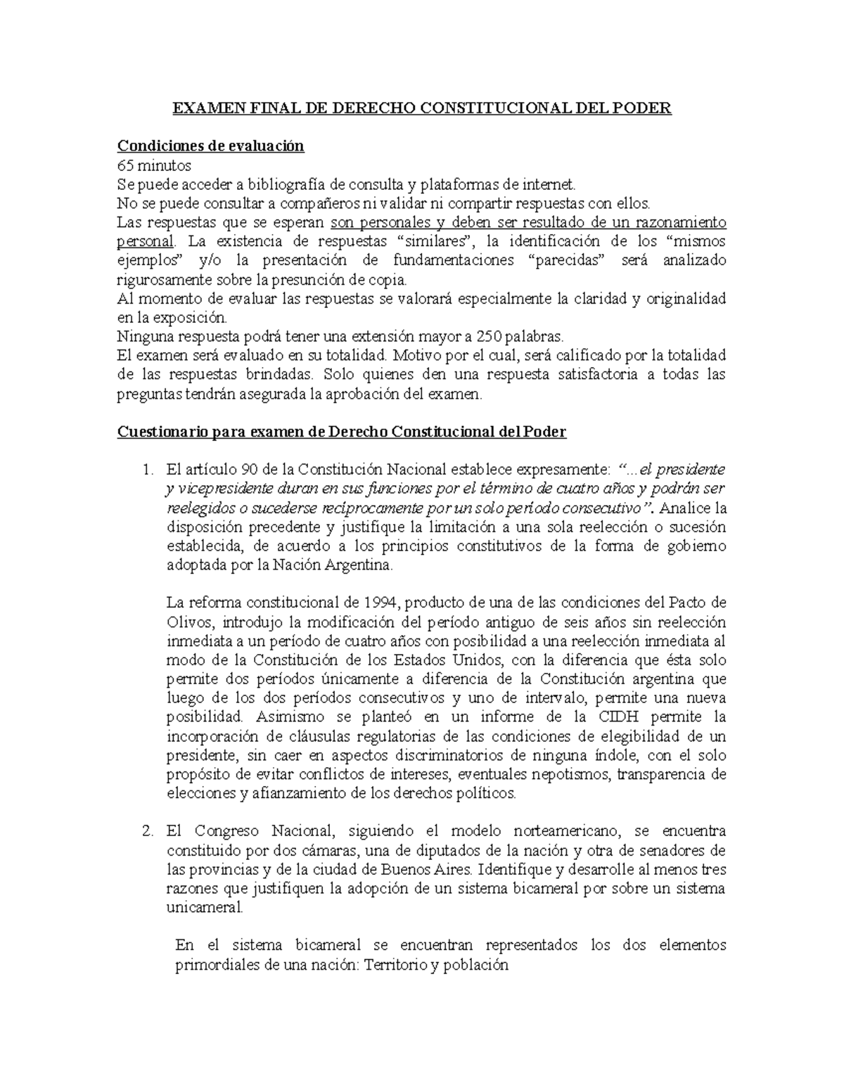 Examen final de Derecho Constitucional del Poder - EXAMEN FINAL DE ...