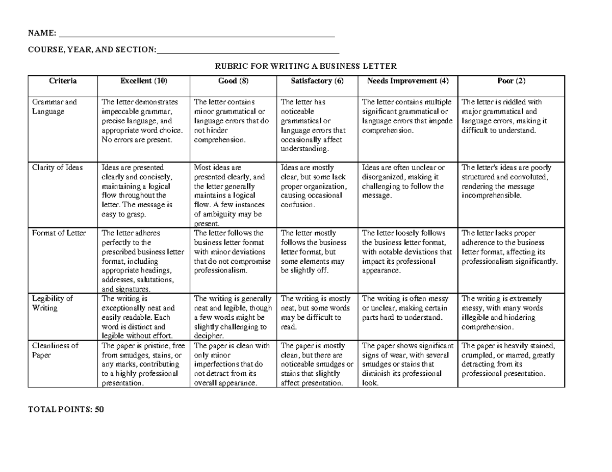 Rubric for Business Letter Writing Assessment (Course Code: BL101 ...