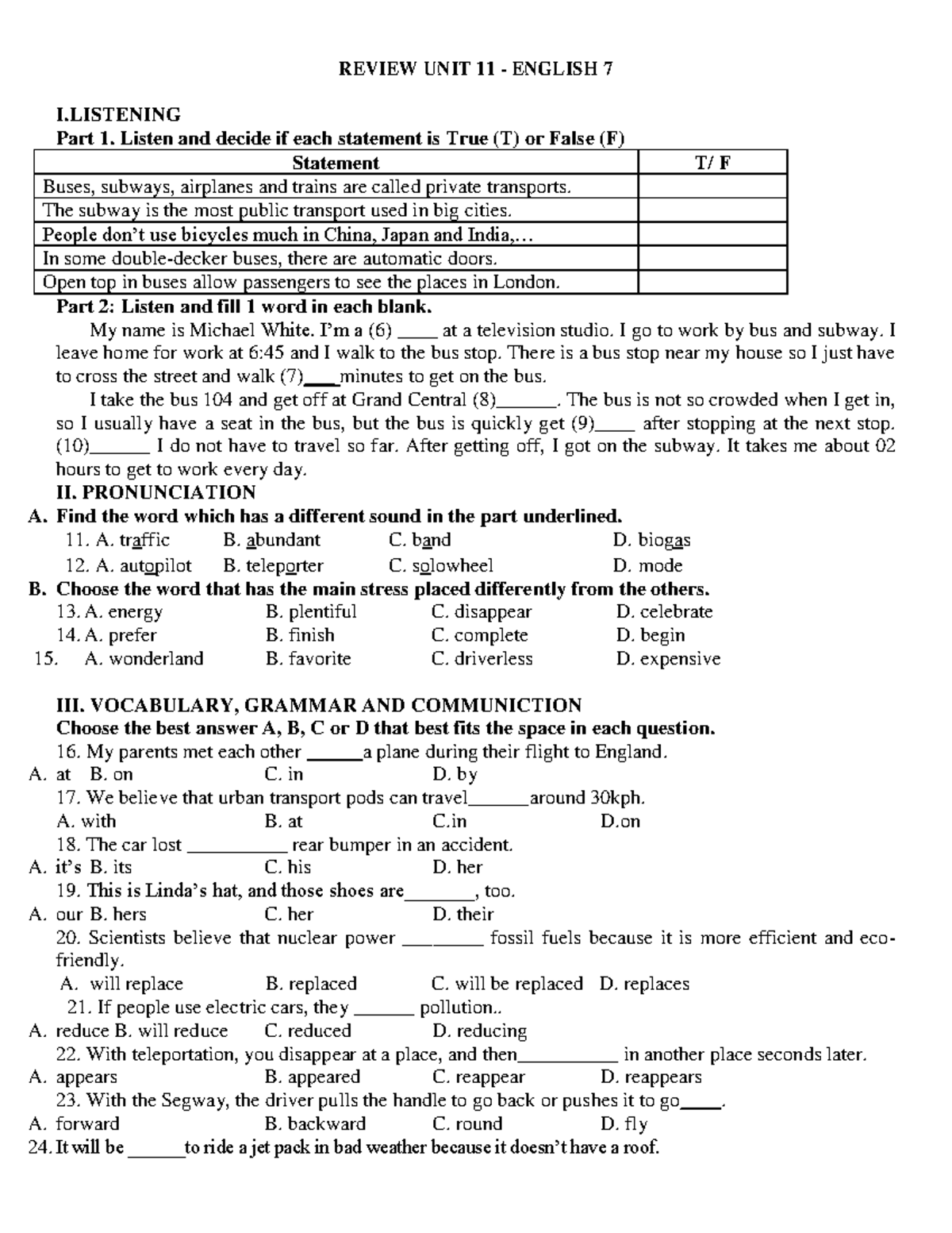 REVIEW UNIT 11 ENGLISH 7 - LISTENING AND VOCABULARY EXERCISES - Studocu