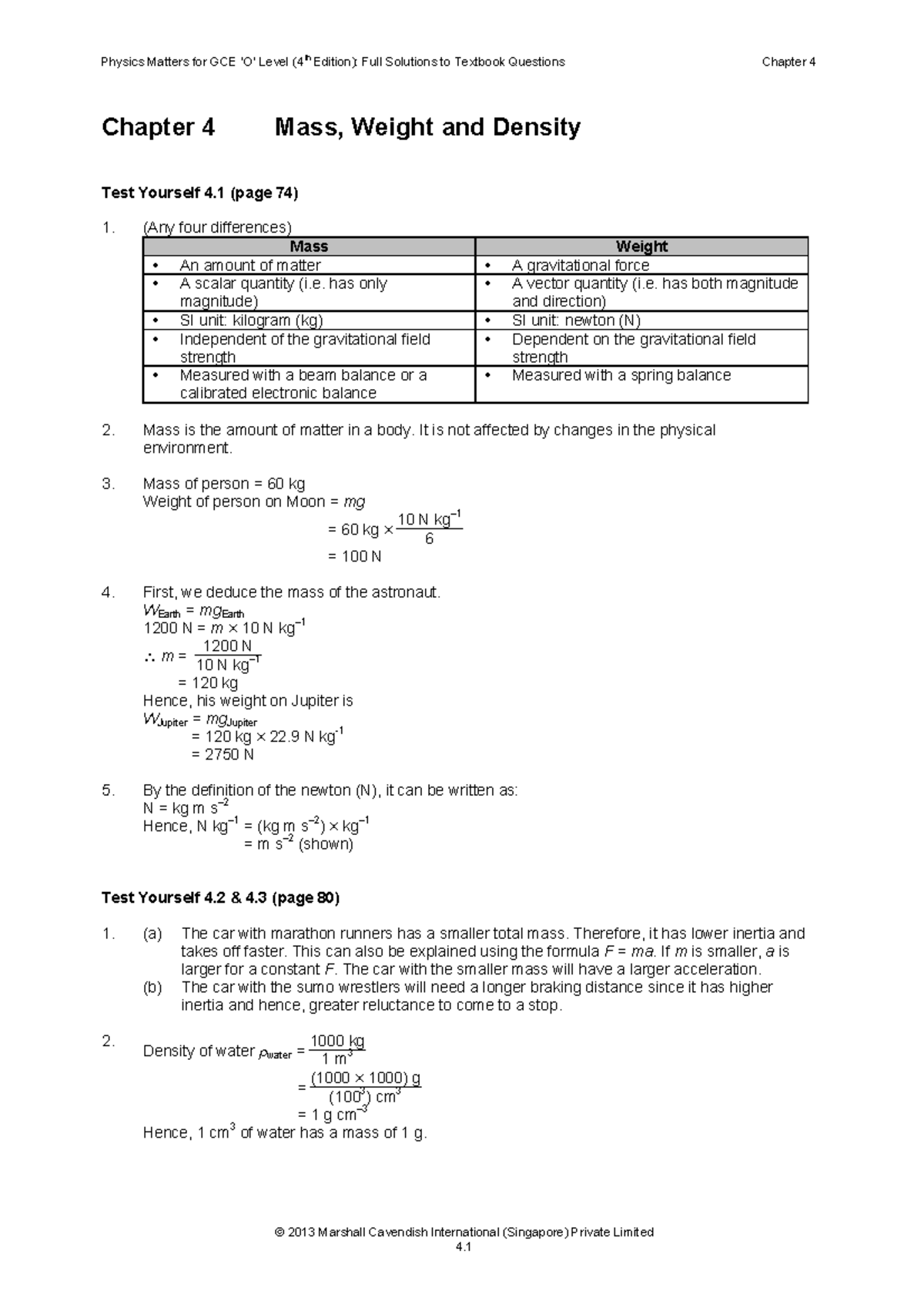 Physics Matters GCE O Level Chapter 4: Mass, Weight, and Density - Studocu