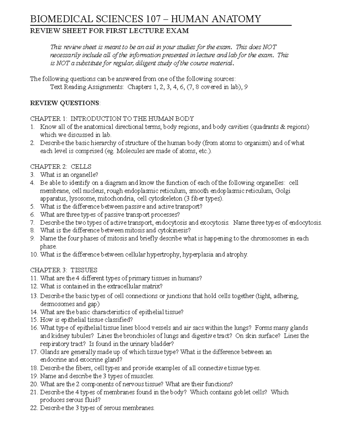 Biomedical Sciences 107 - Human Anatomy: First Exam Review Sheet - Studocu