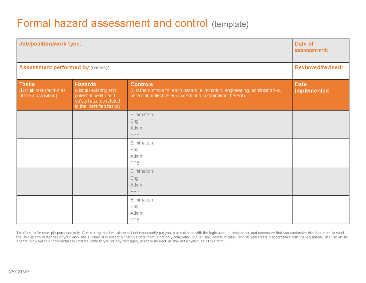 HA Template - TAMplate - BP018TMP Formal hazard assessment and control ...