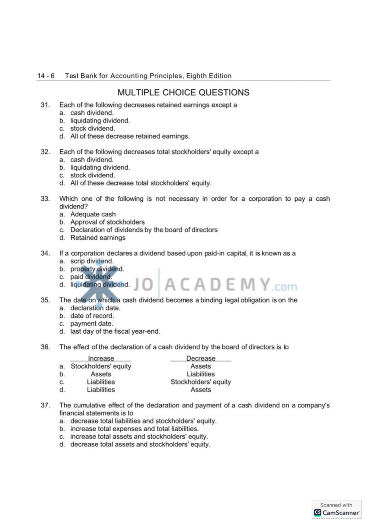 Test Bank for Accounting Principles (14 6) - Multiple Choice Questions ...