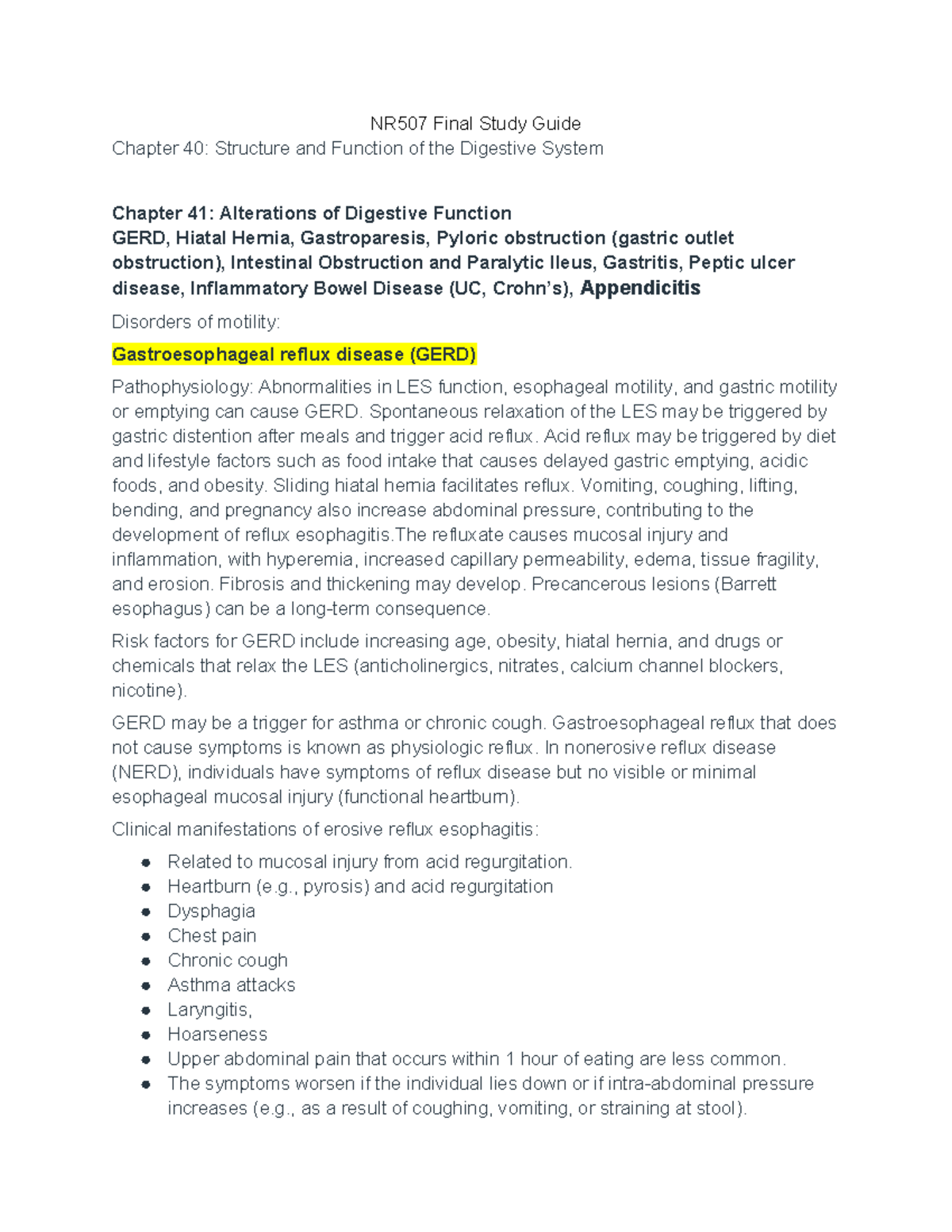 NR507 Final Exam Study Guide: Digestive System Disorders & Treatments ...
