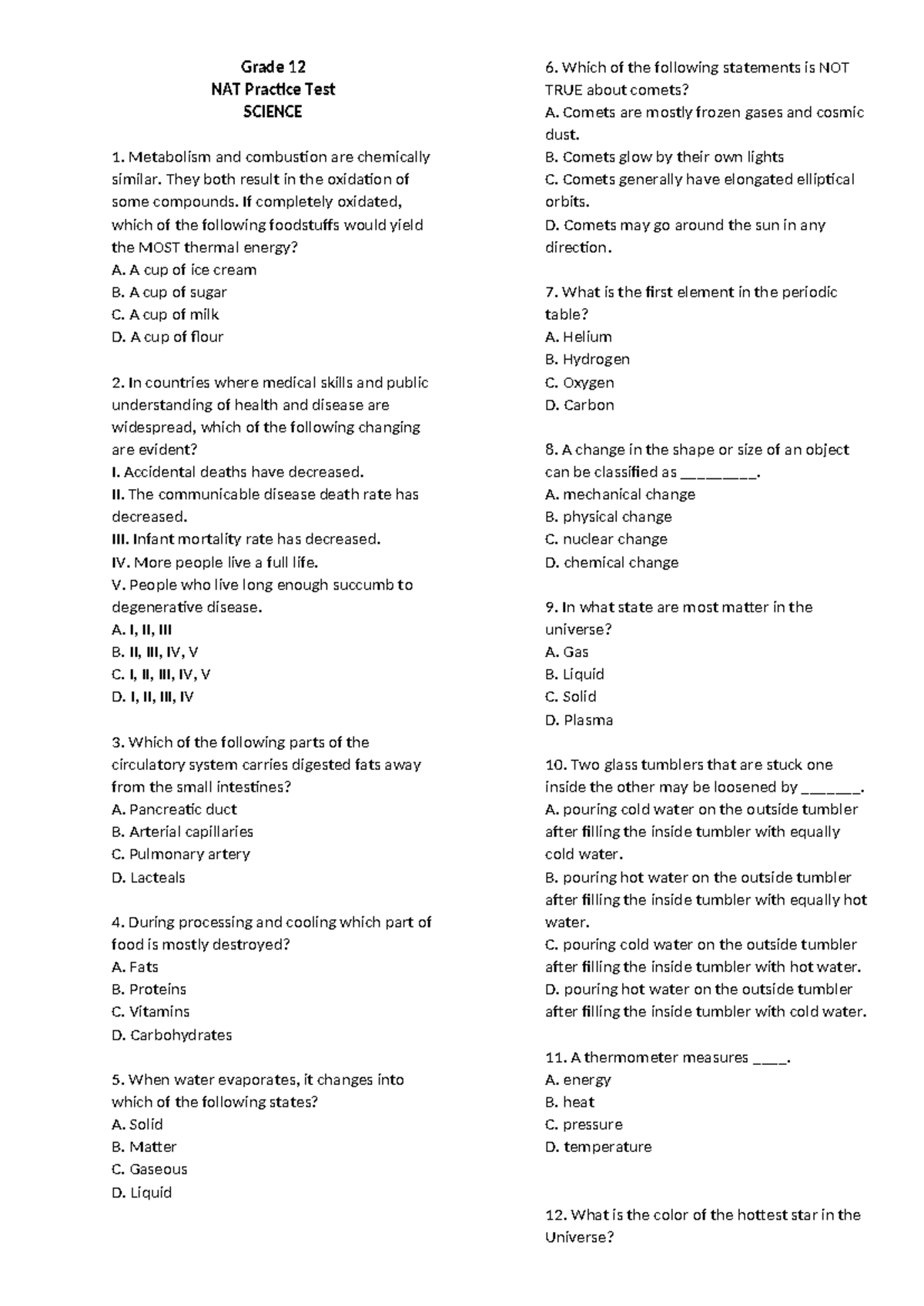 Grade 12 NAT Practice Test SCIENCE: Comprehensive Review 1 - Studocu