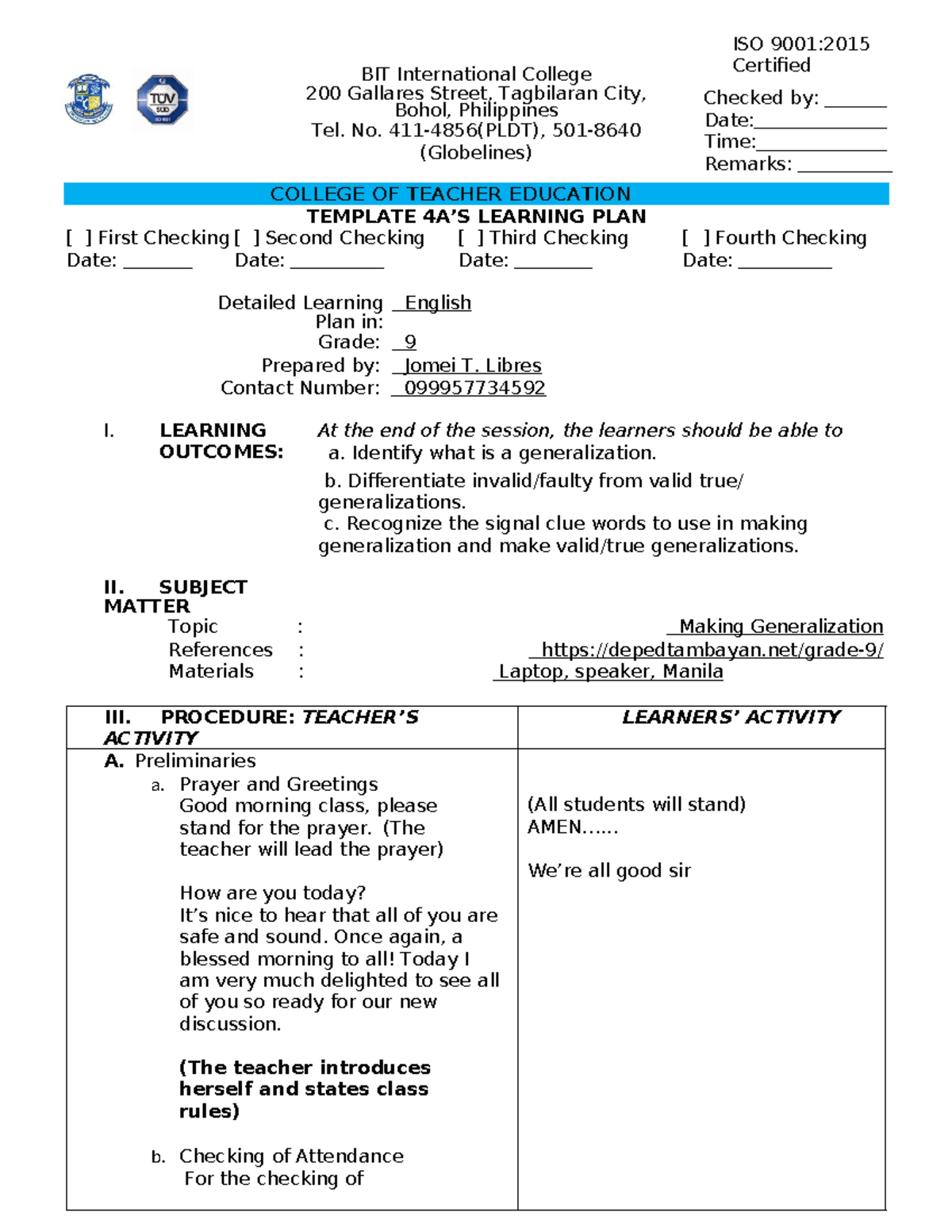 Making Generalization: Lesson Plan for English Grade 9 (638407445 ...